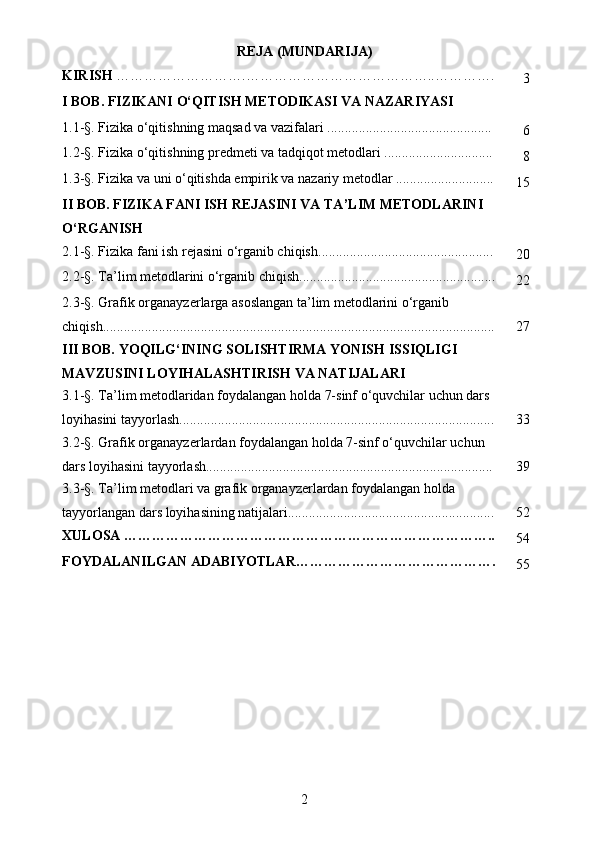 REJA (MUNDARIJA)
KIRISH  ……………………….…………………………………..………….
3
I BOB. FIZIKANI O‘QITISH METODIKASI VA NAZARIYASI
1.1- § . Fizika o‘qitishning maqsad va vazifalari ...............................................
6
1.2- § . Fizika o‘qitishning predmeti va tadqiqot metodlari ...............................
8
1.3- § . Fizika va uni o‘qitishda empirik va nazariy metodlar ............................
15
II BOB. FIZIKA FANI ISH REJASINI VA TA’LIM METODLARINI 
O‘RGANISH
2.1- § .  Fizika fani ish rejasini o‘rganib chiqish. .................................................
20
2.2- § . Ta’lim metodlarini o‘rganib chiqish........................................................
22
2.3- § . Grafik organayzerlarga asoslangan ta’lim metodlarini o‘rganib 
chiqish................................................................................................................ 27
III BOB. YOQILG‘INING SOLISHTIRMA YONISH ISSIQLIGI 
MAVZUSINI LOYIHALASHTIRISH VA NATIJALARI
3.1- § . Ta’lim metodlaridan foydalangan holda 7-sinf o‘quvchilar uchun dars 
loyihasini tayyorlash.......................................................................................... 33
3.2- § . Grafik organayzerlardan foydalangan holda 7-sinf o‘quvchilar uchun 
dars loyihasini tayyorlash.................................................................................. 39
3.3- § . Ta’lim metodlari va grafik organayzerlardan foydalangan holda 
tayyorlangan dars loyihasining natijalari........................................................... 52
XULOSA ……………………………………………………………………..
54
FOYDALANILGAN ADABIYOTLAR…………………………………….
55
2