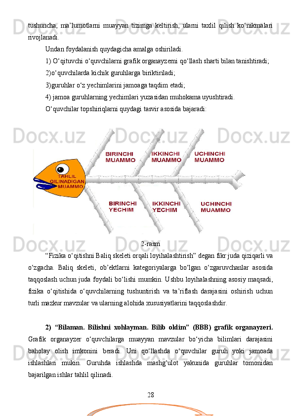 tushuncha,   ma’lumotlarni   muayyan   tizimga   keltirish,   ularni   taxlil   qilish   ko‘nikmalari
rivojlanadi.
Undan foydalanish quydagicha amalga oshiriladi.
1) O‘qituvchi o‘quvchilarni grafik organayzerni qo‘llash sharti bilan tanishtiradi;
2)o‘quvchilarda kichik guruhlarga biriktiriladi; 
3)guruhlar o‘z yechimlarini jamoaga taqdim etadi; 
4) jamoa guruhlarning yechimlari yuzasidan muhokama uyushtiradi.
O‘quvchilar topshiriqlarni quydagi tasvir asosida bajaradi:
2-rasm
“Fizika o‘qitishni Baliq skeleti orqali loyihalashtirish” degan fikr juda qiziqarli va
o‘zgacha.   Baliq   skeleti,   ob’ektlarni   kategoriyalarga   bo‘lgan   o‘zgaruvchanlar   asosida
taqqoslash uchun juda foydali bo‘lishi mumkin. Ushbu loyihalashning asosiy maqsadi,
fizika   o‘qitishida   o‘quvchilarning   tushuntirish   va   ta’riflash   darajasini   oshirish   uchun
turli mazkur mavzular va ularning alohida xususiyatlarini taqqoslashdir.
2)   “Bilaman.   Bilishni   xohlayman.   Bilib   oldim”   (BBB)   grafik   organayzeri.
Grafik   organayzer   o‘quvchilarga   muayyan   mavzular   bo‘yicha   bilimlari   darajasini
baholay   olish   imkonini   beradi.   Uni   qo‘llashda   o‘quvchilar   guruh   yoki   jamoada
ishlashlari   mukin.   Guruhda   ishlashda   mashg‘ulot   yakunida   guruhlar   tomonidan
bajarilgan ishlar tahlil qilinadi.
28 
