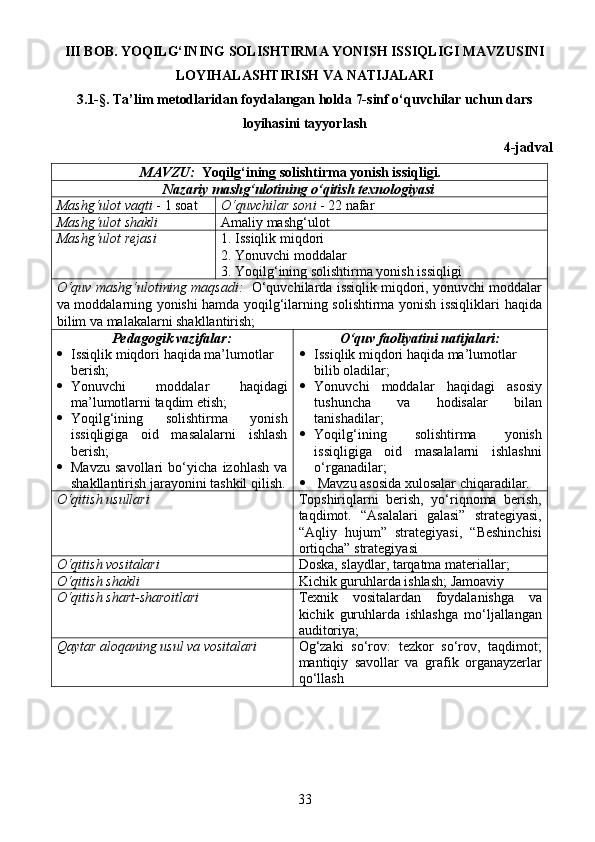 III BOB. YOQILG‘INING SOLISHTIRMA YONISH ISSIQLIGI MAVZUSINI
LOYIHALASHTIRISH VA NATIJALARI
3.1- § . Ta’lim metodlaridan foydalangan holda 7-sinf o‘quvchilar uchun dars
loyihasini tayyorlash
4-jadval
MAVZU:   Yoqilg‘ining solishtirma yonish issiqligi.
Nazariy mashg‘ulotining o‘qitish texnologiyasi
Mashg‘ulot vaqti   -  1  soat O‘quvchilar son i  - 22 nafar
Mashg‘ulot shakli Amaliy mashg‘ulot
Mashg‘ulot rejasi 1.  Issiqlik miqdori
2. Yonuvchi moddalar
3. Yoqilg‘ining solishtirma yonish issiqligi
O‘quv mashg‘ulotining maqsadi:    O‘quvchilarda  issiqlik miqdori, yonuvchi moddalar
va moddalarning yonishi hamda yoqilg‘ilarning solishtirma yonish issiqliklari   haqida
bilim va malakalarni shakllantirish; 
Pedagogik vazifalar:
 Issiqlik miqdori  haqida ma’lumotlar 
berish;
 Yonuvchi   moddalar   haqidagi
ma’lumotlarni taqdim etish;
 Yoqilg‘ining   solishtirma   yonish
issiqligiga   oid   masalalarni   ishlash
berish;
 Mavzu   savollari   bo‘yicha   izohlash   va
shakllantirish jarayonini tashkil qilish. O‘quv faoliyatini natijalari:
 Issiqlik miqdori  haqida ma’lumotlar 
bilib oladilar;
 Yonuvchi   moddalar   haqidagi   asosiy
tushuncha   va   hodisalar   bilan
tanishadilar;
 Yoqilg‘ining   solishtirma   yonish
issiqligiga   oid   masalalarni   ishlashni
o‘rganadilar;
  Mavzu asosida xulosalar chiqaradilar.
O‘qitish usullari Topshiriqlarni   berish,   yo‘riqnoma   berish,
taqdimot.   “Asalalari   galasi”   strategiyasi,
“Aqliy   hujum”   strategiyasi,   “Beshinchisi
ortiqcha” strategiyasi
O‘qitish vositalari Doska, slaydlar, tarqatma materiallar; 
O‘qitish shakli Kichik guruhlarda ishlash; Jamoaviy
O‘qitish shart-sharoitlari Texnik   vositalardan   foydalanishga   va
kichik   guruhlarda   ishlashga   mo‘ljallangan
auditoriya;
Qaytar aloqaning usul va vositalari Og‘zaki   so‘rov:   tezkor   so‘rov,   taqdimot;
mantiqiy   savollar   va   grafik   organayzerlar
qo‘llash 
33 