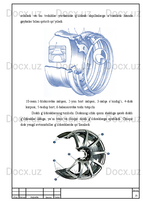 O’zg. Varoq Hujjat№.
Imzo Sana Varoq
 ochiladi   va   bu   teshiklar   yordamida   g’ildirak   shpilkalarga   o’rnatiladi   hamda
gaykalar bilan qotirib qo’yiladi.
10-rasm.1-blokirovka   xalqasi;   2-yon   bort   xalqasi;   3-xalqa   o’rindig’i;   4-disk
korpusi; 5-tashqi bort; 6-balansirovka toshi tutqichi
   Diskli g’ildiraklarning tuzilishi. Diskning ichki qismi shakliga qarab diskli
g’ildiraklar   ikkiga,   ya’ni   tekis   va   chuqur   diskli   g’ildiraklarga   ajratiladi.   Chuqur
disk yengil avtomobillar g’ildiraklarida qo’llaniladi
25 