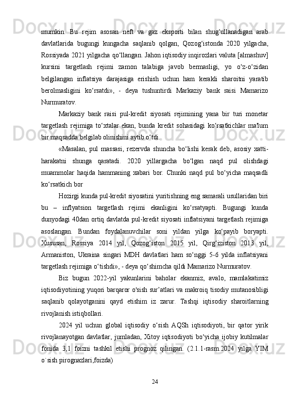 mumkin.   Bu   rejim   asosan   neft   va   gaz   eksporti   bilan   shug‘ullanadigan   arab
davlatlarida   bugungi   kungacha   saqlanib   qolgan,   Qozog‘istonda   2020   yilgacha,
Rossiyada 2021 yilgacha qo‘llangan. Jahon iqtisodiy inqirozlari valuta [almashuv]
kursini   targetlash   rejimi   zamon   talabiga   javob   bermasligi,   yo   o‘z-o‘zidan
belgilangan   inflatsiya   darajasiga   erishish   uchun   ham   kerakli   sharoitni   yaratib
berolmasligini   ko‘rsatdi»,   -   deya   tushuntirdi   Markaziy   bank   raisi   Mamarizo
Nurmuratov.
Markaziy   bank   raisi   pul-kredit   siyosati   rejimining   yana   bir   turi   monetar
targetlash   rejimiga   to‘xtalar   ekan,   bunda   kredit   sohasidagi   ko‘rsatkichlar   ma'lum
bir maqsadda belgilab olinishini aytib o‘tdi.
«Masalan,   pul   massasi,   rezervda   shuncha   bo‘lishi   kerak   deb,   asosiy   xatti-
harakatni   shunga   qaratadi.   2020   yillargacha   bo‘lgan   naqd   pul   olishdagi
muammolar   haqida   hammaning   xabari   bor.   Chunki   naqd   pul   bo‘yicha   maqsadli
ko‘rsatkich bor 
Hozirgi kunda pul-kredit siyosatini yuritishning eng samarali usullaridan biri
bu   –   inflyatsion   targetlash   rejimi   ekanligini   ko‘rsatyapti.   Bugungi   kunda
dunyodagi 40dan ortiq davlatda pul-kredit siyosati  inflatsiyani  targetlash  rejimiga
asoslangan.   Bundan   foydalanuvchilar   soni   yildan   yilga   ko‘payib   boryapti.
Xususan,   Rossiya   2014   yil,   Qozog‘iston   2015   yil,   Qirg‘iziston   2013   yil,
Armaniston,   Ukraina   singari   MDH   davlatlari   ham   so‘nggi   5-6   yilda   inflatsiyani
targetlash rejimiga o‘tishdi», - deya qo‘shimcha qildi Mamarizo Nurmuratov.
Biz   bugun   2022-yil   yakunlarini   baholar   ekanmiz,   avalo,   mamlakatimiz
iqtisodiyotining yuqori barqaror o'sish sur’atlari va makroiq   tisodiy mutanosibligi
saqlanib   qolayotganini   qayd   etishim   iz   zarur.   Tashqi   iqtisodiy   sharoitlarning
rivojlanish istiqbollari.
2024   yil   uchun   global   iqtisodiy   o‘sish   AQSh   iqtisodiyoti,   bir   qator   yirik
rivojlanayotgan   davlatlar,   jumladan,   Xitoy   iqtisodiyoti   bo‘yicha   ijobiy   kutilmalar
fonida   3,1   foizni   tashkil   etishi   prognoz   qilingan.   (2.1.1-rasm.2024   yilga   YIM
o`sish pirognazlari,foizda)
24 