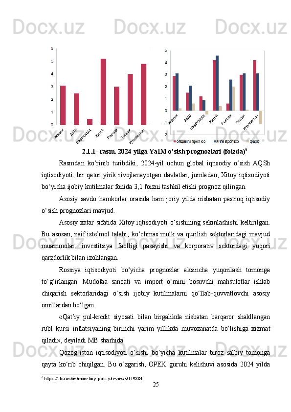 2.1.1- rasm. 2024 yilga YaIM o’sish prognozlari (foizda) 6
Rasmdan   ko’rinib   turibdiki,   2024-yil   uchun   global   iqtisodiy   o‘sish   AQSh
iqtisodiyoti, bir qator yirik rivojlanayotgan davlatlar, jumladan, Xitoy iqtisodiyoti
bo‘yicha ijobiy kutilmalar fonida 3,1 foizni tashkil etishi prognoz qilingan. 
Asosiy   savdo   hamkorlar   orasida   ham   joriy   yilda   nisbatan   pastroq   iqtisodiy
o‘sish prognozlari mavjud.
Asosiy xatar sifatida Xitoy iqtisodiyoti  o‘sishining sekinlashishi  keltirilgan.
Bu   asosan,   zaif   iste’mol   talabi,   ko‘chmas   mulk  va   qurilish   sektorlaridagi   mavjud
muammolar,   investitsiya   faolligi   pasayishi   va   korporativ   sektordagi   yuqori
qarzdorlik bilan izohlangan.
Rossiya   iqtisodiyoti   bo‘yicha   prognozlar   aksincha   yuqorilash   tomonga
to‘g‘irlangan.   Mudofaa   sanoati   va   import   o‘rnini   bosuvchi   mahsulotlar   ishlab
chiqarish   sektorlaridagi   o‘sish   ijobiy   kutilmalarni   qo‘llab-quvvatlovchi   asosiy
omillardan bo‘lgan.
«Qat’iy   pul-kredit   siyosati   bilan   birgalikda   nisbatan   barqaror   shakllangan
rubl   kursi   inflatsiyaning   birinchi   yarim   yillikda   muvozanatda   bo‘lishiga   xizmat
qiladi», deyiladi MB sharhida.
Qozog‘iston   iqtisodiyoti   o‘sishi   bo‘yicha   kutilmalar   biroz   salbiy   tomonga
qayta   ko‘rib   chiqilgan.   Bu   o‘zgarish,   OPEK   guruhi   kelishuvi   asosida   2024   yilda
6
 https://cbu.uz/oz/monetary-policy/reviews/119884
25 