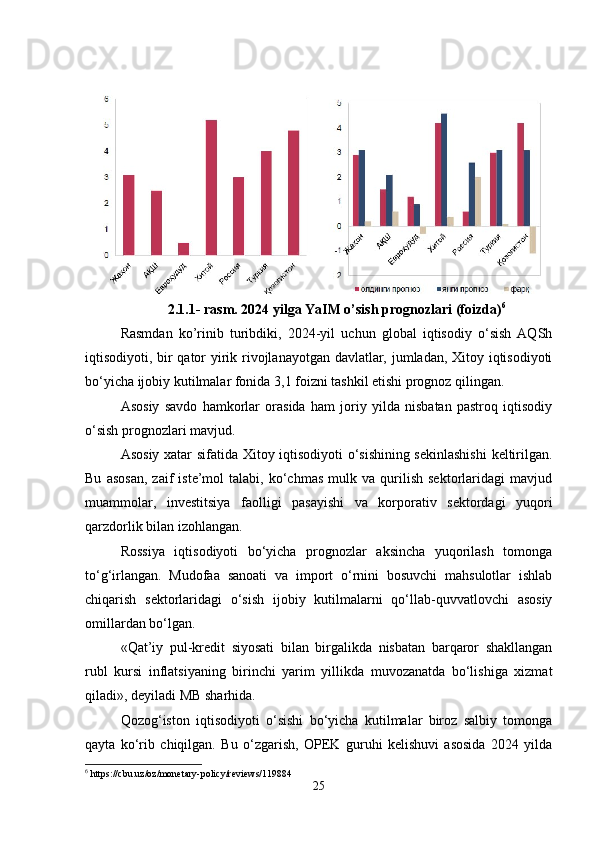 2.1.1- rasm. 2024 yilga YaIM o’sish prognozlari (foizda) 6
Rasmdan   ko’rinib   turibdiki,   2024-yil   uchun   global   iqtisodiy   o‘sish   AQSh
iqtisodiyoti, bir qator yirik rivojlanayotgan davlatlar, jumladan, Xitoy iqtisodiyoti
bo‘yicha ijobiy kutilmalar fonida 3,1 foizni tashkil etishi prognoz qilingan. 
Asosiy   savdo   hamkorlar   orasida   ham   joriy   yilda   nisbatan   pastroq   iqtisodiy
o‘sish prognozlari mavjud.
Asosiy xatar sifatida Xitoy iqtisodiyoti  o‘sishining sekinlashishi  keltirilgan.
Bu   asosan,   zaif   iste’mol   talabi,   ko‘chmas   mulk  va   qurilish   sektorlaridagi   mavjud
muammolar,   investitsiya   faolligi   pasayishi   va   korporativ   sektordagi   yuqori
qarzdorlik bilan izohlangan.
Rossiya   iqtisodiyoti   bo‘yicha   prognozlar   aksincha   yuqorilash   tomonga
to‘g‘irlangan.   Mudofaa   sanoati   va   import   o‘rnini   bosuvchi   mahsulotlar   ishlab
chiqarish   sektorlaridagi   o‘sish   ijobiy   kutilmalarni   qo‘llab-quvvatlovchi   asosiy
omillardan bo‘lgan.
«Qat’iy   pul-kredit   siyosati   bilan   birgalikda   nisbatan   barqaror   shakllangan
rubl   kursi   inflatsiyaning   birinchi   yarim   yillikda   muvozanatda   bo‘lishiga   xizmat
qiladi», deyiladi MB sharhida.
Qozog‘iston   iqtisodiyoti   o‘sishi   bo‘yicha   kutilmalar   biroz   salbiy   tomonga
qayta   ko‘rib   chiqilgan.   Bu   o‘zgarish,   OPEK   guruhi   kelishuvi   asosida   2024   yilda
6
 https://cbu.uz/oz/monetary-policy/reviews/119884
25