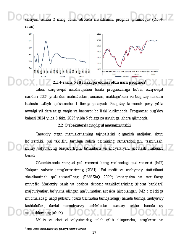 unsiyasi   uchun   2   ming   dollar   atrofida   shakllanishi   prognoz   qilinmoqda   (2.1.4-
rasm).
2.1.4-rasm. Neft narxi piroknazi oltin narx prognozi 8
Jahon   oziq-ovqat   narxlari,jahon   banki   prognozlariga   ko‘ra,   oziq-ovqat
narxlari   2024   yilda   don   mahsulotlari,   xususan,   makkajo‘xori   va   bug‘doy   narxlari
tushishi   tufayli   qo‘shimcha   1   foizga   pasayadi.   Bug‘doy   ta’minoti   joriy   yilda
avvalgi   yil   darajasiga  yaqin  va   barqaror   bo‘lishi   kutilmoqda.  Prognozlar   bug‘doy
bahosi 2024 yilda 3 foiz, 2025 yilda 5 foizga pasayishiga ishora qilmoqda.
2 .2  O`zbekistonda naqd pul massasini taxlili
Taraqqiy   etgan   mamlakatlaming   tajribalarini   o’rganish   natijalari   shuni
ko’rsatdiki,   pul   taklifini   tartibga   solish   tizimining   samaradorligini   ta'minlash,
milliy   valyutaning   barqarorligini   ta'minlash   va   inflyatsiyani   jilovlash   imkonini
beradi.
O’zbekistonda   mavjud   pul   massasi   keng   ma’nodagi   pul   massasi   (M2)
Xalqaro   valyuta   jamg’armasining   (XVJ)   “Pul-kredit   va   moliyaviy   statistikani
shakllantirish   qo’llanmasi”dagi   (PMSShQ   2022)   konsepsiya   va   tasniflarga
muvofiq   Markaziy   bank   va   boshqa   depozit   tashkilotlarining   (tijorat   banklari)
majburiyatlari   bo’yicha   olingan  ma’lumotlari   asosida   hisoblangan.   M2   o’z   ichiga
muomaladagi naqd pullarni (bank tizimidan tashqaridagi) hamda boshqa moliyaviy
tashkilotlar,   davlat   nomoliyaviy   tashkilotlar,   xususiy   sektor   hamda   uy
xo’jaliklarining (aholi)
Milliy   va   chet   el   valyutasidagi   talab   qilib   olinguncha,   jamg’arma   va
8
 https://cbu.uz/oz/monetary-policy/reviews/119884
27 