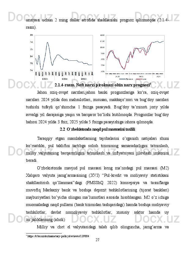 unsiyasi   uchun   2   ming   dollar   atrofida   shakllanishi   prognoz   qilinmoqda   (2.1.4-
rasm).
2.1.4-rasm. Neft narxi piroknazi oltin narx prognozi 8
Jahon   oziq-ovqat   narxlari,jahon   banki   prognozlariga   ko‘ra,   oziq-ovqat
narxlari   2024   yilda   don   mahsulotlari,   xususan,   makkajo‘xori   va   bug‘doy   narxlari
tushishi   tufayli   qo‘shimcha   1   foizga   pasayadi.   Bug‘doy   ta’minoti   joriy   yilda
avvalgi   yil   darajasiga  yaqin  va   barqaror   bo‘lishi   kutilmoqda.  Prognozlar   bug‘doy
bahosi 2024 yilda 3 foiz, 2025 yilda 5 foizga pasayishiga ishora qilmoqda.
2 .2  O`zbekistonda naqd pul massasini taxlili
Taraqqiy   etgan   mamlakatlaming   tajribalarini   o’rganish   natijalari   shuni
ko’rsatdiki,   pul   taklifini   tartibga   solish   tizimining   samaradorligini   ta'minlash,
milliy   valyutaning   barqarorligini   ta'minlash   va   inflyatsiyani   jilovlash   imkonini
beradi.
O’zbekistonda   mavjud   pul   massasi   keng   ma’nodagi   pul   massasi   (M2)
Xalqaro   valyuta   jamg’armasining   (XVJ)   “Pul-kredit   va   moliyaviy   statistikani
shakllantirish   qo’llanmasi”dagi   (PMSShQ   2022)   konsepsiya   va   tasniflarga
muvofiq   Markaziy   bank   va   boshqa   depozit   tashkilotlarining   (tijorat   banklari)
majburiyatlari   bo’yicha   olingan  ma’lumotlari   asosida   hisoblangan.   M2   o’z   ichiga
muomaladagi naqd pullarni (bank tizimidan tashqaridagi) hamda boshqa moliyaviy
tashkilotlar,   davlat   nomoliyaviy   tashkilotlar,   xususiy   sektor   hamda   uy
xo’jaliklarining (aholi)
Milliy   va   chet   el   valyutasidagi   talab   qilib   olinguncha,   jamg’arma   va
8
 https://cbu.uz/oz/monetary-policy/reviews/119884
27