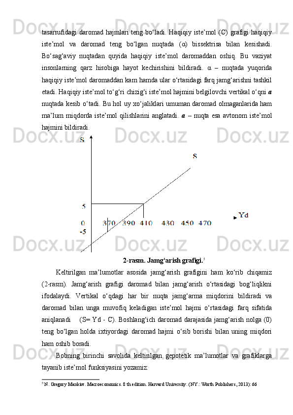 tasarrufidagi  daromad  hajmlari   teng  bo‘ladi.  Haqiqiy  iste’mol  (C)   grafigi  haqiqiy
iste’mol   va   daromad   teng   bo‘lgan   nuqtada   ( α )   bissektrisa   bilan   kesishadi.
Bo‘sag‘aviy   nuqtadan   quyida   haqiqiy   iste’mol   daromaddan   oshiq.   Bu   vaziyat
insonlarning   qarz   hisobiga   hayot   kechirishini   bildiradi.   α   –   nuqtada   yuqorida
haqiqiy iste’mol daromaddan kam hamda ular o‘rtasidagi farq jamg‘arishni tashkil
etadi. Haqiqiy iste’mol to‘g‘ri chizig‘i iste’mol hajmini belgilovchi vertikal o‘qni  a
nuqtada kesib o‘tadi. Bu hol uy xo‘jaliklari umuman daromad olmaganlarida ham
ma’lum   miqdorda   iste’mol   qilishlarini   anglatadi.   a   –   nuqta   esa   avtonom   iste’mol
hajmini bildiradi.
2-rasm.   Jamg‘arish   grafigi. 5
Keltirilgan   ma’lumotlar   asosida   jamg‘arish   grafigini   ham   ko‘rib   chiqamiz
(2-rasm).   Jamg‘arish   grafigi   daromad   bilan   jamg‘arish   o‘rtasidagi   bog‘liqlikni
ifodalaydi.   Vertikal   o‘qdagi   har   bir   nuqta   jamg‘arma   miqdorini   bildiradi   va
daromad   bilan   unga   muvofiq   keladigan   iste’mol   hajmi   o‘rtasidagi   farq   sifatida
aniqlanadi       (S= Yd - C). Boshlang‘ich daromad darajasida jamg‘arish nolga (0)
teng   bo‘lgan   holda   ixtiyordagi   daromad   hajmi   o‘sib   borishi   bilan   uning   miqdori
ham oshib boradi.
Bobning   birinchi   savolida   keltirilgan   gepotetik   ma’lumotlar   va   grafiklarga
tayanib iste’mol funksiyasini yozamiz:
5
  N. Gregory Mankiw. Macroeconomics. 8 th edition. Harvard University. (NY.: Worth Publishers, 2013): 66 