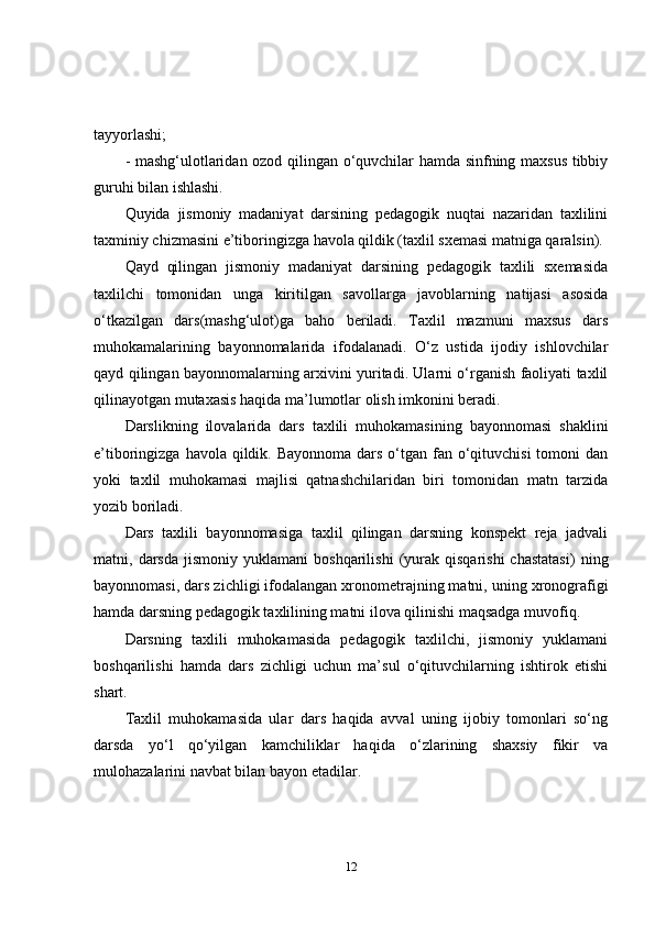 tayyorlashi;
- mashg‘ulotlaridan ozod qilingan o‘quvchilar hamda sinfning maxsus tibbiy
guruhi bilan ishlashi.  
Quyida   jismoniy   madaniyat   darsining   pedagogik   nuqtai   nazaridan   taxlilini
taxminiy chizmasini e’tiboringizga havola qildik (taxlil sxemasi matniga qaralsin).
Qayd   qilingan   jismoniy   madaniyat   darsining   pedagogik   taxlili   sxemasida
taxlilchi   tomonidan   unga   kiritilgan   savollarga   javoblarning   natijasi   asosida
o‘tkazilgan   dars(mashg‘ulot)ga   baho   beriladi.   Taxlil   mazmuni   maxsus   dars
muhokamalarining   bayonnomalarida   ifodalanadi.   O‘z   ustida   ijodiy   ishlovchilar
qayd qilingan bayonnomalarning arxivini yuritadi. Ularni o‘rganish faoliyati taxlil
qilinayotgan mutaxasis haqida ma’lumotlar olish imkonini beradi. 
Darslikning   ilovalarida   dars   taxlili   muhokamasining   bayonnomasi   shaklini
e’tiboringizga havola qildik. Bayonnoma  dars o‘tgan fan o‘qituvchisi  tomoni  dan
yoki   taxlil   muhokamasi   majlisi   qatnashchilaridan   biri   tomonidan   matn   tarzida
yozib boriladi. 
Dars   taxlili   bayonnomasiga   taxlil   qilingan   darsning   konspekt   reja   jadvali
matni,  darsda   jismoniy   yuklamani   boshqarilishi   (yurak   qisqarishi   chastatasi)   ning
bayonnomasi, dars zichligi ifodalangan xronometrajning matni, uning xronografigi
hamda darsning pedagogik taxlilining matni ilova qilinishi maqsadga muvofiq. 
Darsning   taxlili   muhokamasida   pedagogik   taxlilchi,   jismoniy   yuklamani
boshqarilishi   hamda   dars   zichligi   uchun   ma’sul   o‘qituvchilarning   ishtirok   etishi
shart. 
Taxlil   muhokamasida   ular   dars   haqida   avval   uning   ijobiy   tomonlari   so‘ng
darsda   yo‘l   qo‘yilgan   kamchiliklar   haqida   o‘zlarining   shaxsiy   fikir   va
mulohazalarini navbat bilan bayon etadilar. 
12