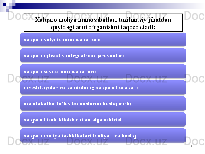 4xalqaro valyuta munosabatlari;
xalqaro iqtisodiy integratsion jarayonlar;
xalqaro savdo munosabatlari;
investitsiyalar va kapitalning xalqaro harakati;
mamlakatlar to lov balanslarini boshqarish;ʻ
x alqaro hisob-kitoblarni amalga oshirish;
xalqaro moliya tashkilotlari faoliyati va boshq. Xalqaro moliya munosabatlari tuzilmaviy jihatdan 
quyidagilarni o rganishni taqozo etadi:	
ʻ        