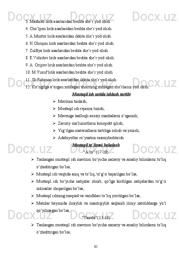 3. Mashrab lirik asarlaridan beshta she’r yod olish.
4. Cho’lpon lirik asarlaridan beshta she’r yod olish.
5. A.Muxtor lirik asarlaridan ikkita she’r yod olish.
6. H.Olimjon lirik asarlaridan beshta she’r yod olish.
7. Zulfiya lirik asarlaridan beshta she’r yod olish.
8. E.Vohidov lirik asarlaridan beshta she’r yod olish.
9. A. Oripov lirik asarlaridan beshta she’r yod olish.
10. M.Yusuf lirik asarlaridan beshta she’r yod olish.
11. Sh.Rahmon lirik asarlaridan ikkita she’r yod olish.
12. Ko’ngilga o’tirgan xohlagan shoirning xohlagan she’rlarini yod olish.
Mustaqil ish ustida ishlash tartibi
 Mavzuni tanlash;
 Mustaqil ish rejasini tuzish;
 Mavzuga ta al luqli asosiy manbalarni o‘rganish;
 Zaruriy ma’lumotlarni konspekt qilish;
 Yig‘ilgan materiallarni tartibga solish va yozish;
 Adabiyotlar ro‘yxatini rasmiylashtirish.  
Mustaqil ta’limni baholash
“A’lo” (1 7 -20)
 Tanlangan mustaqil ish mavzusi bo‘yicha nazariy va amaliy bilimlarni to‘liq
o‘zlashtirgan bo‘lsa;
 Mustaqil ish vaqtida aniq va to‘liq ,  to‘g‘ri bajarilgan bo‘lsa;
 Mustaqil   ish   bo‘yicha   natijalar   olinib,   qo‘lga   kiritilgan   natijalardan   to‘g‘ri
xulosalar chiqarilgan bo‘lsa;
 Mustaqil ishning maqsad va vazifalari to‘liq yoritilgan bo‘lsa;
 Matnlar   bayonida   ilmiylik   va   mantiqiylik   saqlanib   ilmiy   xatoliklarga   yo‘l
qo‘yilmagan bo‘lsa;
“Yaxshi”(1 3 -1 6 )
 Tanlangan mustaqil ish mavzusi bo‘yicha nazariy va amaliy bilimlarni to‘liq
o‘zlashtirgan bo‘lsa;
82 