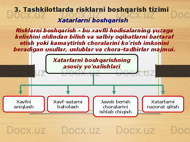 Xatarlarni boshqarish
Risklarni boshqarish - bu xavfli hodisalarning yuzaga 
kelishini oldindan bilish va salbiy oqibatlarni bartaraf 
etish yoki kamaytirish choralarini ko'rish imkonini 
beradigan usullar, uslublar va chora-tadbirlar majmui.
Xatarlarni boshqarishning 
asosiy yo'nalishlari
Xavfni 
aniqlash Xavf-xatarni 
baholash Javob berish 
choralarini 
ishlab chiqish Xatarlarni 
nazorat qilish3.  Tashkilotlarda risklarni boshqarish tizimi 