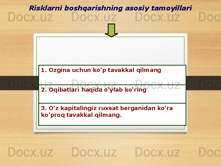 Risklarni boshqarishning asosiy tamoyillari
1. Ozgina uchun ko'p tavakkal qilmang
2. Oqibatlari haqida o‘ylab ko‘ring
3. O'z kapitalingiz ruxsat berganidan ko'ra 
ko'proq tavakkal qilmang. 