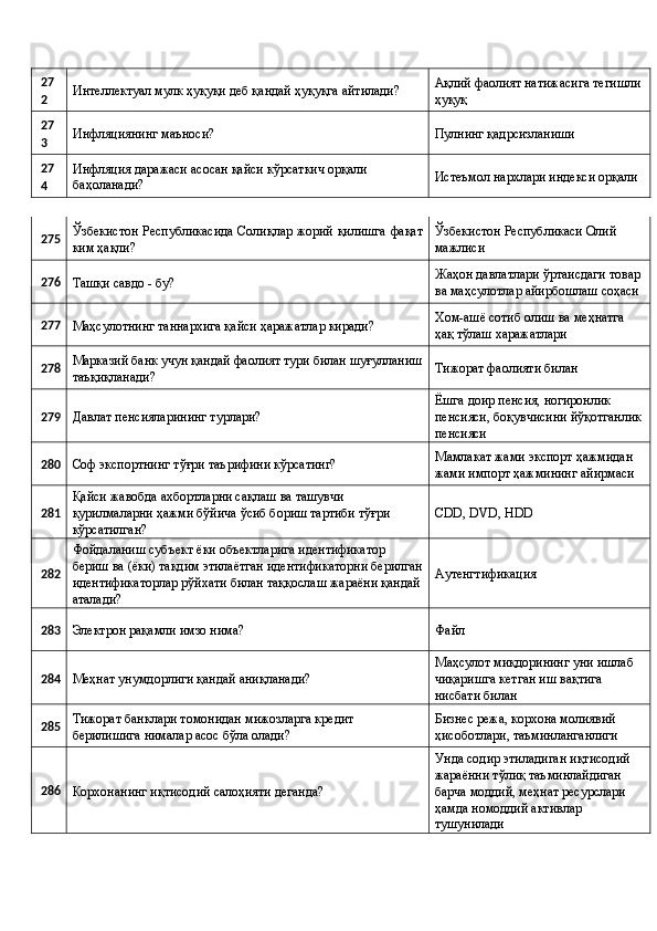 27
2  Интеллектуал мулк ҳуқуқи деб қандай ҳуқуқга айтилади?  Ақлий фаолият натижасига тегишли
ҳуқуқ 
27
3  Инфляциянинг маъноси?  Пулнинг қадрсизланиши 
27
4  Инфляция даражаси асосан қайси кўрсаткич орқали 
баҳоланади?  Истеъмол нархлари индекси орқали 
275 Ўзбекистон Республикасида Солиқлар жорий қилишга фақат
ким ҳақли?  Ўзбекистон Республикаси Олий 
мажлиси 
276
Ташқи савдо - бу?  Жаҳон давлатлари ўртаисдаги товар 
ва маҳсулотлар айирбошлаш соҳаси 
277
Маҳсулотнинг таннархига қайси ҳаражатлар киради?  Хом-ашё сотиб олиш ва меҳнатга 
ҳақ тўлаш харажатлари 
278 Марказий банк учун қандай фаолият тури билан шуғулланиш
таъқиқланади?  Тижорат фаолияти билан 
279
Давлат пенсияларининг турлари?  Ёшга доир пенсия, ногиронлик 
пенсияси, боқувчисини йўқотганлик
пенсияси 
280
Соф экспортнинг тўғри таърифини кўрсатинг?  Мамлакат жами экспорт ҳажмидан 
жами импорт ҳажмининг айирмаси 
281 Қайси жавобда ахбортларни сақлаш ва ташувчи 
қурилмаларни ҳажми бўйича ўсиб бориш тартиби тўғри 
кўрсатилган?  CDD, DVD, HDD 
282 Фойдаланиш субъект ёки объектларига идентификатор 
бериш ва (ёки) тақдим этилаётган идентификаторни берилган
идентификаторлар рўйхати билан таққослаш жараёни қандай
аталади?  Аутенгтификация 
283
Электрон рақамли имзо нима?  Файл 
284
Меҳнат унумдорлиги қандай аниқланади?  Маҳсулот миқдорининг уни ишлаб 
чиқаришга кетган иш вақтига 
нисбати билан 
285 Тижорат банклари томонидан мижозларга кредит 
берилишига нималар асос бўла олади?  Бизнес режа, корхона молиявий 
ҳисоботлари, таъминланганлиги 
286
Корхонанинг иқтисодий салоҳияти деганда?  Унда содир этиладиган иқтисодий 
жараённи тўлиқ таъминлайдиган 
барча моддий, меҳнат ресурслари 
ҳамда номоддий активлар 
тушунилади  