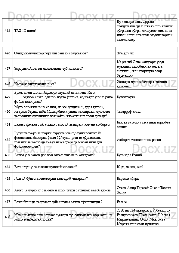 425 
TAS-IX нима?  Бу халқаро каналлардан 
фойдаланмасдан Ўзбекистон бўйлаб 
тўғридан-тўғри маълумот алмашиш 
имкониятини тақдим этувчи тармоқ 
хизматидир 
426 
Очиқ маълумотлар портали сайтини кўрсатинг?  data.gov.uz 
427 
Зардуштийлик таълимотининг туб моҳияти?  Марказий Осиё халқлари учун 
муқаддас ҳисобланган оловга 
сиғиниш, жониворларга озор 
бермаслик 
428 
Халқаро интеграция нима?  Халқаро муносабатлар тизимига 
қўшилиш 
429  Буюк юнон олими Афлотун шундай деган эди: Халқ 
..........эҳтиэж сезиб, уларни пухта ўрганса, бу фақат унинг ўзига 
фойда келтиради?  Қонунларга 
430  Мулк объектларини сотиш, мерос қолдириш, ҳадя қилиш, 
ижарага бериш каби йўллар билан унинг тақдирини мустақил 
ҳал қилиш мулкчиликнинг қайси жиҳатини ташкил қилади?  Тасарруф этиш 
431 
Давлат фискал сиёсатининг асосий вазифаси нимадан иборат?  Бюджет-солиқ сиёсатини тартибга 
солиш 
432  Бугун халқаро террорчи гуруҳлар ва бузғунчи кучлар ўз 
фаолиятида ёшларни ўзига бўйсундириш ва зўравонлик 
ғоясини тарқатишдек ёвуз мақсадларида асосан нимадан 
фойдаланмоқда?  Ахборот технологияларидан 
433 
Афлотуни замон деб ном олган алломани аниқланг?  Қозизода Румий 
434 
Ватан тушунчасининг луғавий маъноси?  Юрт, макон, жой 
435 
Ғоявий бўшлиқ нималарни келтириб чиқаради?  Барчаси тўғри 
436 
Амир Темурнинг ота-онаси исми тўғри берилган жавоб қайси?  Отаси Амир Тарагай Онаси Такина 
Хотун 
437 
PowerPoint да такдимот қайси тугма билан тўхтатилади.?   Escape 
438  Жамият-ислоҳотлар ташаббускори тушунчаси илк бор қачон ва 
қайси манбада айтилган?  2020 йил 24 январдаги Ўзбекистон 
Республикаси Президенти Шавкат 
Мирзиёевнинг Олий Мажлисга 
Мурожаатномаси нутқидан  