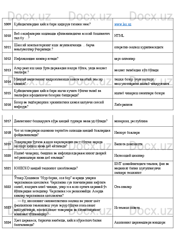 1009 
Қуйидагилардан қайси бири қидирув тизими эмас?  www.lex.uz  
1010  Веб-саҳифаларни кодлашда қўлланиладиган асосий бошланғич 
тил бу …?  HTML 
1011  Шахсий компьютернинг иши якунланганида ... барча 
маълумотлар ўчирилади.?  оператив сақлаш қурилмасидаги 
1012 
Инфляциядан кимлар ютади?  қарз олганлар 
1013  Агар реал иш ҳақи ўрта даражадан юқори бўлса, унда меҳнат 
таклифи:?  меҳнат талабидан кўп бўлади 
1014  Миллий валютанинг қадрсизланиши кимга ижобий таъсир 
қилади?  ташқи бозор учун экспорт 
маҳсулотларини ишлаб чиқарувчига 
1015  Қуйидагилардан қайси бири ишчи кучига бўлган талаб ва 
таклифни ифодаловчи бозорни билдиради?  ишлаб чиқариш омиллари бозори 
1016  Бозор ва тадбиркорлик эркинлигини ҳимоя қилувчи сиёсий 
мафкура?  Либерализм 
1017 
Давлатнинг бошқарувга кўра қандай турлари мавжуд бўлади?  монархия, республика 
1018  Чет эл товарлари оқимини тартибга солишда қандай божлардан 
фойдаланилади?  Импорт божлари 
1019  Товарларни ўртача жаҳон нархларидан паст бўлган нархда 
экспорт қилиш нима деб айтилади?  Валюта демпингги 
1020  Ишлаб чиқариш, бандлик ва инфляция даражасининг даврий 
тебранишлари нима деб аталади?  Иқтисодий цикллар 
1021 
ЮНEСКО қандай ташкилот ҳисобланади?  БМТ ҳомийлигидаги таълим, фан ва 
маданият билан шуғулланувчи 
халқаро ташкилот 
1022  Ўткир Ҳошимов “Нур борки, соя бор” асарида уларни 
чархпалакка қиёслаган. Чархпалак сув томчиларини кафтига 
солиб, юқорига олиб чиқади, улар эса асло ортига қарамай ўз 
йўлларидан кетадилар. Чархпалак эса ранжимайди. Асарда 
кимлар чархпалакка қиёсланган?  Ота-оналар 
1023  ... — бу, инсоннинг саломатлигини сақлаш ва унинг ҳаёт 
фаолиятини таъминлаш учун зарур бўлган озиқ-овқат 
маҳсулотлари, ноозиқ-овқат товарлари ва хизматларнинг 
минимал тўпламидир.?  Истеъмол савати 
1024  Ҳаёт даражаси, биринчи навбатда, қайси кўрсаткич билан 
белгиланади?  Аҳолининг даромадлари миқдори  