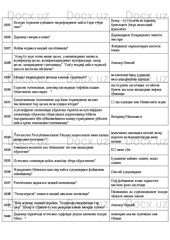1025  Бозорга берилган қуйидаги таърифларнинг қайси бири тўғри 
эмас?  Бозор – бу сотувчи ва харидор 
ўртасидаги ўзаро иқтисодий 
муносабат 
1026 
Даромад самараси нима?  Даромаддаги ўзгаришнинг талабга 
таъсири 
1027 
Фойда нормаси қандай ҳисобланади?  Фойданинг харажатларга нисбати 
билан 
1028  “Агар бу улуғ зотни авлиё десак, у авлиёларнинг авлиёси, 
мутафаккир десак, мутафаккирларнинг мутафаккири, шоир 
десак, шоирларнинг султонидир”. Ушбу таъриф қайси тарихий 
шахсга нисбатан айтилган?  Алишер Навоий 
1029 
Меҳнат унумдорлиги деганда нимани тушунасиз?  меҳнатнинг аниқ турининг 
маҳсулдорлигини ортиши 
1030  Корхона тугатилиши, штатлар қисқариши туфайли ишдан 
бўшатилган шахсларга…?  иш берувчи ҳисобидан уч ойгача 
ўртача иш ҳақи миқдорида нафақа 
тўланади 
1031  Қонунчиликда белгиланган ҳар йили бериладиган меҳнат 
таътилининг бир қисми неча кундан иборат?  12 иш кунидан кам бўлмаслиги керак 
1032  Аутстаффинг хизматлари кўрсатиш тартиби ва аутстаффинг  
хизматлари кўрсатиш тўғрисидаги шартномалар бўйича 
бажарилишига йўл қўйилмайдиган ишлар турларининг рўйхати 
қайси орган томонидан белгиланади?  Вазирлар Маҳкамаси 
1033  Ўзбекистон Республикасининг Меҳнат кодексининг амал қилиш
доирасини белгиланг.?  мулкчилик шаклидан қатъий назар 
корхона ва ташкилотларда амал 
қилади 
1034  Амалдаги меҳнатга ҳақ тўлашнинг энг кам миқдорини 
кўрсатинг?  822 минг сўм 
1035 
Истеъмол солиқлари қайси жавобда тўғри кўрсатилган?  Қушилган қиймат солиғи, акциз 
солиғи 
1036  Фуқаролиги бўлмаган шахслар қайси ҳуқуқлардан фойдалана 
олмайдилар?  Сиёсий ҳуқуқлардан 
1037 
Рентабеллик даражаси қандай аниқланади?  Соф фойданинг жами харажатга 
нисбати фоиз ҳисобида 
1038 
“Эгоцентризм” атамаси қандай маънони англатади?  Манманлик   ва   худбинликнинг   юқори
чўққига чиққан шакли 
1039  “Беш асрким, назмий саройни, Титратади занжирбанд бир 
шер”. Шоир А.Орипов бу мисраларида кимни назарда тутган?  Алишер Навоий 
1040  Даромад таркибида истеъмол сарфлари улуши қанчалик юқори 
бўлса...?  жамғарма ҳажми шунчалик кам 
бўлади  