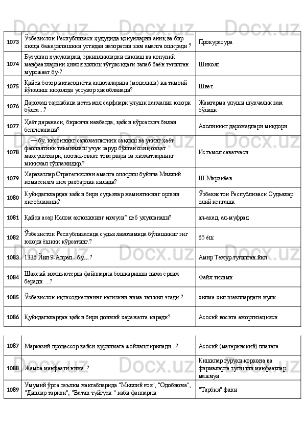 1073  Ўзбекистон Республикаси ҳудудида қонунларни аниқ ва бир 
хилда бажарилишини устидан назоратни ким амалга оширади ?  Прокуратура 
1074  Бузулган ҳуқуқларни, эркинликларни тиклаш ва қонуний 
манфаатларини ҳимоя қилиш тўғрисидаги талаб баён тэтилган  
мурожаат бу-?  Шикоят 
1075  Қайси бозор иқтисодиёти андозаларида (моделида) ижтимоий 
йўналиш ниҳоятда устувор ҳисобланади?  Швет 
1076  Даромад таркибида истеъмол сарфлари улуши қанчалик юқори 
бўлса...?  Жамғарма улуши шунчалик кам 
бўлади 
1077  Ҳаёт даражаси, биринчи навбатда, қайси кўрсаткич билан 
белгиланади?  Ахолининг даромадлари миқдори 
1078  ... — бу, инсоннинг саломатлигини сақлаш ва унинг ҳаёт 
фаолиятини таъминлаш учун зарур бўлган озиқ-овқат 
маҳсулотлари, ноозиқ-овқат товарлари ва хизматларнинг 
минимал тўпламидир.?  Истъмол саватчаси 
1079  Харакатлар Стратегиясини амалга ошириш буйича Миллий 
комиссияга ким рахбарлик килади?  Ш.Мирзиёев 
1080  Куйидагилардан кайси бири судьялар жамиятининг органи 
хисобланади?  Ўзбекистон Республикаси Судьялар 
олий кенгаши 
1081 
Қайси асар Ислом ахлоқининг қомуси” деб улуғланади?  ал-аҳад, ал-муфрад 
1082  Ўзбекистон Республикасида судья лавозимида бўлишнинг энг 
юқори ёшини кўрсатинг.?  65 ёш 
1083 
1336 Йил 9-Апрел - бу…?  Амир Темур тугилган йил 
1084  Шахсий компъютерда файлларни бошкаришда нима ёрдам 
беради….?  Файл тизими 
1085 
Ўзбекистон иқтисодиётининг негизини нима ташкил этади.?  хилма-хил шакллардаги мулк 
1086 
Қуйидагилардан қайси бири доимий харажатга киради?  Асосий восита амортизацияси 
1087 
Марказий процессор қайси қурилмага жойлаштирилади...?  Асосий (материнский) платага 
1088 
Жамоа манфаати нима..?  Кишилар гуруҳи корхона ва 
фирмаларга тугишли манфаатлар 
мажмуи 
1089  Умумий ўрта таълим мактабларида "Миллий ғоя", "Одобнома", 
"Динлар тарихи", "Ватан туйғуси " каби фанларни  "Тарбия" фани   