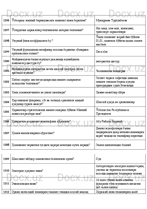 1296 
Ўзбекрақс миллий бирлашмасига кимнинг номи берилган?  Мукаррама Турғунбоева 
1297 
Ўзгарувчан ҳаражатлар белгиланган қаторни белгиланг?  Иш ҳақи, хом-ашё, коммунал, 
транспорт харажатлари 
1298 
Умумий ўлим коэффиценти бу:?  Ўлим сонининг жорий йил бўйича 
01,01, ҳолатига бўйича аҳоли сонига 
нисбати 
1299  Умумий функционал вазифалар асосида берилган сўзлардан 
ортиқчасини топинг?  Docs.xlsx 
1300  Фойдаланувчи билан мулоқот режимида ишлайдиган 
компьютер дастури бу?  интерактив дастур 
1301  Фойдаланувчи интернетда нечта шахсий электрон почта 
яратиши мумкин?  Чекланмаган миқдорда 
1302  Хабеас корпус институи доирасида амалга оширилган 
ислоҳотни белгиланг?  Эҳтиёт чораси сифатида қамоққа 
олишга санкция бериш ҳуқуқи 
прокурордан судга ўтказилди 
1303 
Халқ хокимиятчилиги ва унинг шакллари?  Ҳамма жавоблар тўғри 
1304  Ҳар кимнинг фикрлаш, сўз ва эътиқод эркинлиги қандай 
ҳуқуқлар турига мансуб?  Шахсий ҳуқуқ ва эркинликлар 
1305  Ҳаракатлар стратегиясини амалга ошириш бўйича Миллий 
комиссия раҳбари икм?  Ўзбекистон Республикаси 
Президенти 
1306 
Ҳиндистон асарининг муаллифини кўрсатинг?  Абу Райҳон Беруний 
1307 
Ҳоким ваколатларини кўрсатинг?  Давлат мукофотлари билан 
тақдирлашга доир илтимосномаларни
қараб чиқади ва таклифлар киритади 
1308 
Ҳокимнинг норматив тусдаги қарори қачондан кучга киради?  Эълон қилингандан бошлаб 
1309 
Шахснинг айбдор эканлигини белгиловчи орган?  Суд 
1310 
Электрон ҳукумат нима?  Ахборотларга электрон ишлов бериш,
узатиш ва тарқатиш воситалари 
асосида давлатни бошқариш тизими 
1311 
Эмансипация нима?  16 ёшга тўлган вояга етмаган 
фуқарони тўла муомалага лаёқатли 
деб эълон қилиш 
1312  Эркин иқтисодий зоналарни ташкил этишдан асосий мақсад  Хорижий инвестицияларни жалб  