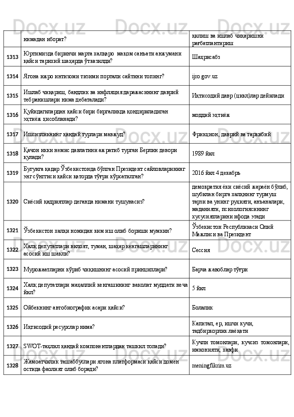 нимадан иборат?  қилиш ва ишлаб чиқаришни 
рағбатлантириш 
1313  Юртимизда биринчи марта халқаро  мақом санъати анжумани 
қайси тарихий шаҳарда ўтказилди?  Шаҳрисабз 
1314 
Ягона ижро интизоми тизими портали сайтини топинг?  ijro.gov.uz 
1315  Ишлаб чиқариш, бандлик ва инфляция даражасининг даврий 
тебранишлари нима дебаталади?  Иқтисодий давр (цикл)лар дейилади 
1316  Қуйидагилардан қайси бири биргаликда қондириладиган 
эҳтиёж ҳисобланади?  моддий эҳтиёж 
1317 
Ишсизликнинг қандай турлари мавжуд?  Фрикцион, даврий ва таркибий 
1318  Қачон икки немис давлатини ажратиб турган Берлин девори 
қулади?  1989 йил 
1319  Бугунга қадар Ўзбекистонда бўлган Президент сайловларининг 
энг сўнггиси қайси қаторда тўғри кўрсатилган?  2016 йил 4 декабрь 
1320 
Сиёсий қадриятлар деганда нимани тушунасиз?  демократия ёки сиёсий жараён бўлиб,
шубилан бирга халқнинг турмуш 
тарзи ва унинг руҳияти, анъаналари, 
маданияти, психологиясининг 
хусусиятларини ифода этади 
1321 
Ўзбекистон халқи номидан ким иш олиб бориши мумкин?  Ўзбекистон Республикаси Олий 
Мажлиси ва Президент 
1322  Халқ депутатлари вилоят, туман, шаҳар кенгашларининг 
асосий иш шакли?  Сессия 
1323 
Мурожаатларни кўриб чиқишнинг асосий принциплари?  Барча жавоблар тўғри 
1324  Халқ депутатлари маҳаллий кенгашининг ваколат муддати неча
йил?  5 йил 
1325 
Ойбекнинг автобиографик асари қайси?  Болалик 
1326 
Иқтисодий ресурслар нима?  Капитал, ер, ишчи кучи, 
тадбиркорлик лаёқати 
1327 
SWOT-таҳлил қандай компонентлардан ташкил топади?  Кучли   томонлари,   кучсиз   томонлари,
имконияти, хавфи 
1328  Жамоатчилик ташаббуслари ягона платформаси қайси домен 
остида фаолият олиб боради?  meningfikrim.uz  