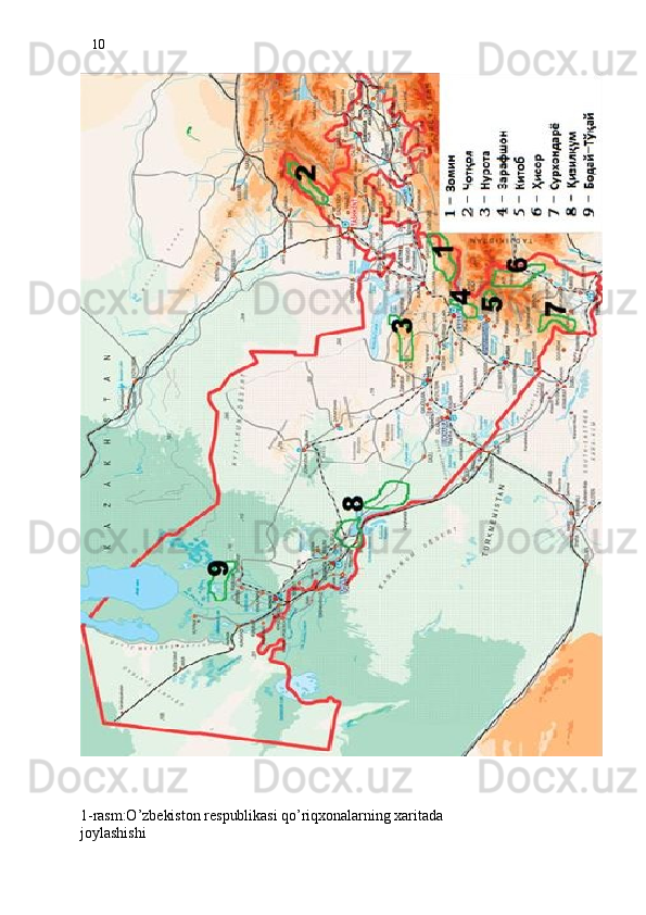 10
1-rasm:O’zbekiston respublikasi qo’riqxonalarning xaritada
joylashishi