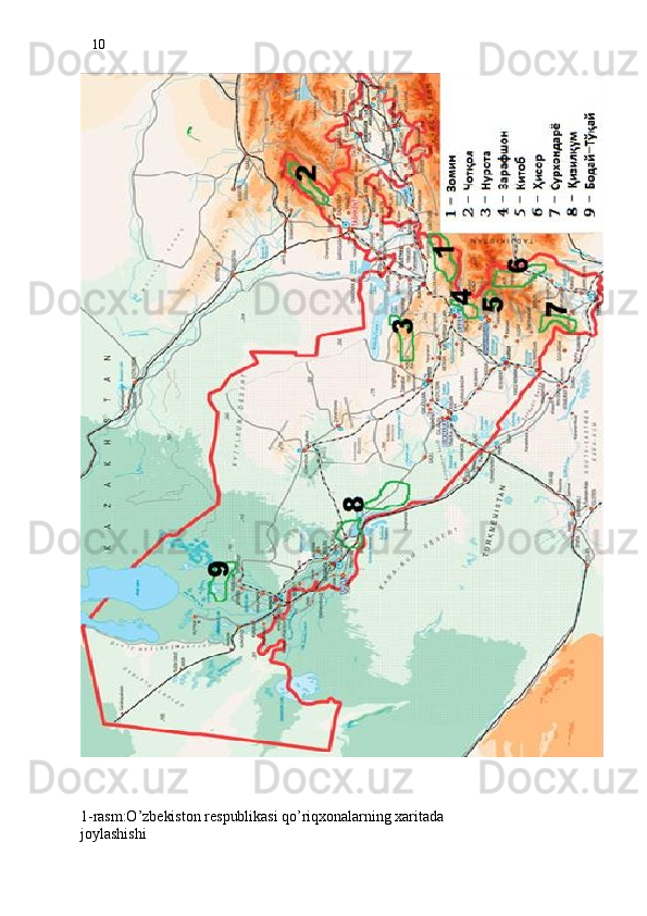10
1-rasm:O’zbekiston respublikasi qo’riqxonalarning xaritada
joylashishi 