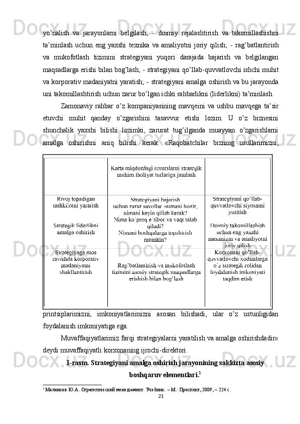 yo’nalish   va   jarayonlarni   belgilash;   -   doimiy   rejalashtirish   va   takomillashishni
ta’minlash   uchun   eng   yaxshi   texnika   va   amaliyotni   joriy   qilish;   -   rag’batlantirish
va   mukofotlash   tizimini   strategiyani   yuqori   darajada   bajarish   va   belgilangan
maqsadlarga erishi bilan bog’lash; -   strategiyani qo’llab-quvvatlovchi ishchi muhit
va korporativ madaniyatni yaratish; -   strategiyani amalga oshirish va bu jarayonda
uni takomillashtirish uchun zarur bo’lgan ichki rahbarlikni (liderlikni) ta’minlash. 
Zamonaviy   rahbar   o’z  kompaniyasining   mavqeini   va  ushbu   mavqega   ta’sir
etuvchi   muhit   qanday   o’zgarishini   tasavvur   etishi   lozim.   U   o’z   biznesini
shunchalik   yaxshi   bilishi   lozimki,   zarurat   tug’ilganda   muayyan   o’zgarishlarni
amalga   oshirishni   aniq   bilishi   kerak.   «Raqobatchilar   bizning   usullarimizni,
printsiplarimizni,   imkoniyatlarimizni   asosan   bilishadi,   ular   o’z   ustunligidan
foydalanish imkoniyatiga ega. 
Muvaffaqiyatlarimiz farqi strategiyalarni yaratilish va amalga oshirishdadir»
deydi muvaffaqiyatli korxonaning ijrochi-direktori.
1-rasm. Strategiyani amalga oshirish jarayonining sakkizta asosiy
boshqaruv elementlari. 1
1
  Маленков Ю.А. Стратегический менеджмент. Учебник.  –  М.: Проспект, 2009,  – 224  с.
21 