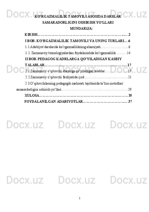 KO'RGAZMALILIK TAMOYILI ASOSIDA DARSLAR
SAMARADORLIGINI OSHIRISH YO'LLARI
MUNDARIJA:
    KIRISH………………………………………………………………...….2
I BOB. KO’RGAZMALILIK TAMOYILI VA UNING TURLARI….6
1.1.Adabiyot darslarida ko’rgazmalilikning ahamiyati………………........6
         1.2.   Zamоnаviy tехnоlоgiyalаrdаn fоydаlаnishdа ko’rgazmalilik……….14
II BOB. PEDAGOG KADRLARGA QO’YILADIGAN KASBIY 
TALABLAR…………………………………………………………...…17
         2.1.Zamonaviy o’qituvchi shaxsiga qo’yiladigan talablar………………..17
         2.2.Zamonaviy o’qituvchi faoliyatida ijod………………………………..21
          2.3.O‘qituvchilarning pedagogik mahorati tajribasida ta’lim metodlari 
samaradorligini oshirish yo‘llari…………………………………………………29
         ХULOSA……………………………………………………………………35
        FOYDALANILGAN   ADABIYOTLAR……………………………...….37
1 