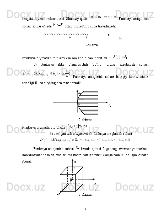 tengsizlik yechimidan iborat. Shunday qilib,  . Funksiya aniqlanish
sohasi sonlar o qida ʻ  ochiq nur ko rinishida tasvirlanadi:	ʻ
1-chizma
Funksiya qiymatlari to plami	
ʻ   esa sonlar o qidan iborat, ya’ni	ʻ     
2)   funksiya   ikki   o zgaruvchili   bo lib,   uning   aniqlanish   sohasi	
ʻ ʻ
.   Funksiya   aniqlanish   sohasi   haqiqiy   koordinatalar
tekisligi  R
2  da quyidagicha tasvirlanadi: 
   
2-chizma
Funksiya qiymatlari to plami  	
ʻ .
3) berilgan uch o zgaruvchili funksiya aniqlanish sohasi	
ʻ
.
Funksiya   aniqlanish   sohasi     fazoda   qirrasi   2   ga  teng,   simmetriya  markazi
koordinatalar boshida, yoqlari esa koordinatalar tekisliklariga parallel bo lgan kubdan	
ʻ
iborat:
3-chizma
60 3
R
1
х
2
0
х
1
0
х
1 х
2х
3 