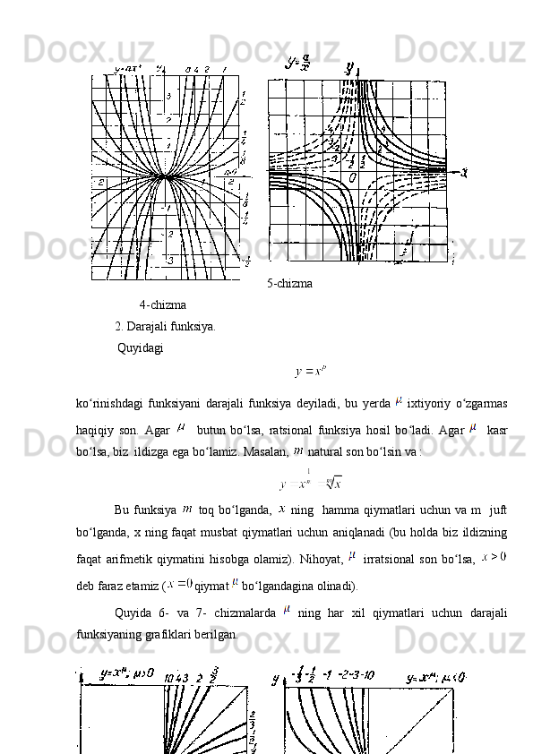 5-chizma
4-chizma
2. Darajali funksiya.
 Quyidagi 
ko rinishdagi   funksiyani   darajali   funksiya   deyiladi,   bu   yerda  ʻ   ixtiyoriy   o zgarmas	ʻ
haqiqiy   son.   Agar       butun   bo lsa,   ratsional   funksiya   hosil   bo ladi.   Agar  	
ʻ ʻ     kasr
bo lsa, biz  ildizga ega bo lamiz. Masalan, 	
ʻ ʻ  natural son bo lsin va :	ʻ
Bu  funksiya     toq  bo lganda,  	
ʻ   ning    hamma  qiymatlari  uchun   va  m     juft
bo lganda,   x  ning  faqat  musbat   qiymatlari  uchun   aniqlanadi   (bu  holda  biz   ildizning	
ʻ
faqat   arifmetik   qiymatini   hisobga   olamiz).   Nihoyat,     irratsional   son   bo lsa,  	
ʻ
deb faraz etamiz ( qiymat   bo lgandagina olinadi).	
ʻ
Quyida   6-   va   7-   chizmalarda     ning   har   xil   qiymatlari   uchun   darajali
funksiyaning grafiklari berilgan.
8 