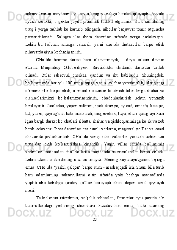 saksovulzorlar maydonini yil sayin kengaytirishga harakat qilayapti. Avvalo
aytish   kerakki,   1   gektar   joyda   pitomnik   tashkil   etganmiz.   Bu   о`simlikning
urug`i   yerga   tashlab   kо`kartirib   olingach,   nihollar   baquvvat   tomir   otguncha
parvarishlanadi.   Sо`ngra   ular   ihota   daraxtlari   sifatida   yerga   qadalayapti.
Lekin   bu   tadbirni   amalga   oshirish,   ya`ni   chо`lda   ihotazorlar   barpo   etish
nihoyatda qiyin kechadigan ish. 
CHо`lda   hamma   daraxt   ham   о`savermaydi,   -   deya   sо`zini   davom
ettiradi   Muqimboy   Olloberdiyev.   -Suvsizlikka   chidamli   daraxtlar   tanlab
olinadi.   Bular   saksovul,   cherkez,   qandim   va   shu   kabilardir.   Shuningdek,
bо`limimizda  har  yili  100  ming  tupga  yaqin  kо`chat  yetishtirilib,  ular  yangi
о`rmonzorlar barpo etish, о`rmonlar xatosini tо`ldirish bilan birga shahar va
qishloqlarimizni   kо`kalamzorlashtirish,   obodonlashtirish   uchun   yetkazib
berilayapti. Jumladan, yapon saforasi, ipak akasiya, ayland, amorfa, katalpa,
tut, yasen, qayrag`och kabi manzarali, mojjevelnik, tuya, eldor qarag`ayi kabi
igna bargli daraxt kо`chatlari albatta, shahar va qishloqlarimizga kо`rk va zeb
berib kelayotir.  Ihota daraxtlari esa qumli yerlarda, magistral y о `llar va kanal
chetlarida   joylashtiriladi.   CH о `lda   yangi   saksovulzorlar   yaratish   uchun   uni
urug`dan   ekib   k о `kartirishga   kirishdik.   Yaqin   yillar   ichida   b о `limimiz
xodimlari   tomonidan   ch о `lda   katta   maydonda   saksovulzorlar   barpo   etiladi.
Lekin   ularni   о `stirishning   о `zi   b о `lmaydi.   Mening   kuyunayotganim   bejizga
emas. CH о `lda "yashil qalqon" barpo etish - mashaqqatli ish. Shuni bila turib
ham   odamlarning   saksovullarni   о `tin   sifatida   yoki   boshqa   maqsadlarda
yiqitib   olib   ketishga   qanday   q о `llari   borayapti   ekan,   degan   savol   qiynaydi
meni.
Ta`kidlashni   istardimki,   xо`jalik   rahbarlari,   fermerlar   ayni   paytda   о`z
tasarruflaridagi   yerlarning   shunchaki   kuzatuvchisi   emas,   balki   ularning
20 
