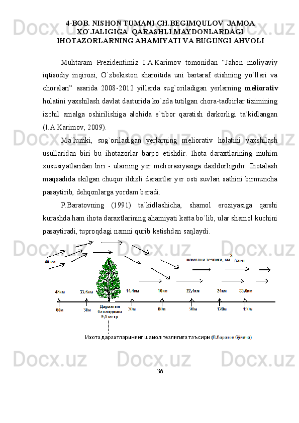 4-BOB. NISHON TUMANI CH.BEGIMQULOV  JAMOA
XО`JALIGIGA  QARASHLI MAYDONLARDAGI
IHOTAZORLARNING AHAMIYATI VA BUGUNGI AHVOLI
Muhtaram   Prezidentimiz   I.A.Karimov   tomonidan   “Jahon   moliyaviy
iqtisodiy   inqirozi,   О`zbekiston   sharoitida   uni   bartaraf   etishning   yо`llari   va
choralari”   asarida   2008 - 2012   yillarda   sug`oriladigan   yerlarning   meliorativ
holatini yaxshilash davlat dasturida kо`zda tutilgan chora-tadbirlar tizimining
izchil   amalga   oshirilishiga   alohida   e`tibor   qaratish   darkorligi   ta`kidlangan
(I.A.Karimov, 2009).
Ma`lumki,   sug`oriladigan   yerlarning   meliorativ   holatini   yaxshilash
usullaridan   biri   bu   ihotazorlar   barpo   etishdir.   Ihota   daraxtlarining   muhim
xususiyatlaridan   biri   -   ularning   yer   meliorasiyasiga   daxldorligidir.   Ihotalash
maqsadida ekilgan chuqur ildizli daraxtlar yer osti suvlari sathini birmuncha
pasaytirib, dehqonlarga yordam beradi.
P.Baratovning   (1991)   ta`kidlashicha,   shamol   eroziyasiga   qarshi
kurashda ham ihota daraxtlarining ahamiyati katta bо`lib, ular shamol kuchini
pasaytiradi, tuproqdagi namni qurib ketishdan saqlaydi.
36 
