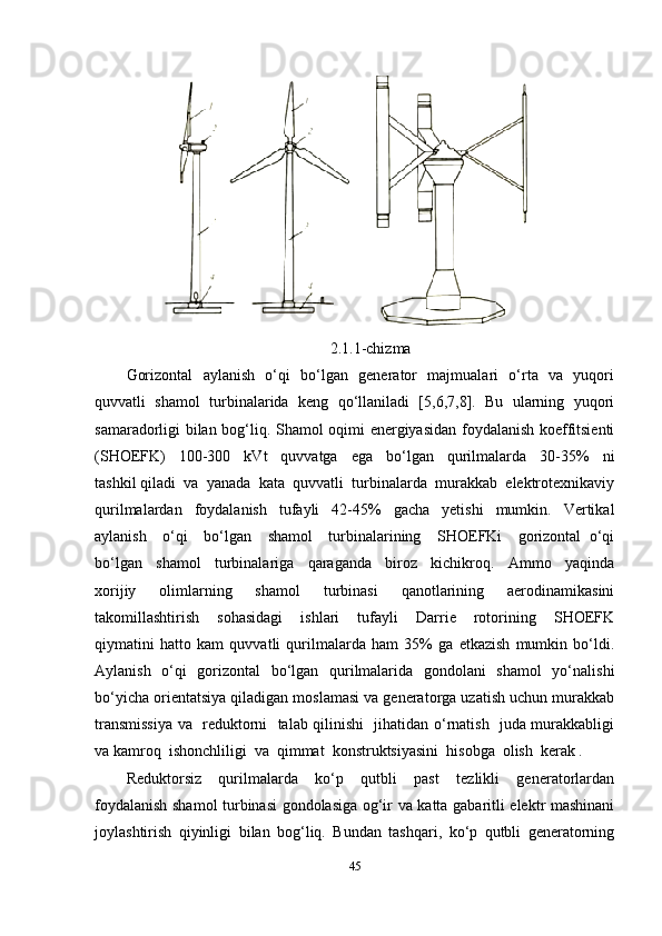 2.1.1-chizma
Gorizontal   aylanish   o‘qi   bo‘lgan   generator   majmualari   o‘rta   va   yuqori
quvvatli  shamol  turbinalarida  keng  qo‘llaniladi  [5,6,7,8].  Bu  ularning  yuqori
samaradorligi bilan bog‘liq. Shamol oqimi energiyasidan foydalanish koeffitsienti
(SHOEFK)     100-300     kVt     quvvatga     ega     bo‘lgan     qurilmalarda     30-35%     ni
tashkil qiladi  va  yanada  kata  quvvatli  turbinalarda  murakkab  elektrotexnikaviy
qurilmalardan   foydalanish   tufayli   42-45%   gacha   yetishi   mumkin.   Vertikal
aylanish     o‘qi     bo‘lgan     shamol     turbinalarining     SHOEFKi     gorizontal   o‘qi
bo‘lgan     shamol     turbinalariga     qaraganda     biroz     kichikroq.     Ammo     yaqinda
xorijiy     olimlarning     shamol     turbinasi     qanotlarining     aerodinamikasini
takomillashtirish     sohasidagi     ishlari     tufayli     Darrie     rotorining     SHOEFK
qiymatini   hatto   kam   quvvatli   qurilmalarda   ham   35%   ga   etkazish   mumkin   bo‘ldi.
Aylanish   o‘qi   gorizontal    bo‘lgan   qurilmalarida   gondolani    shamol    yo‘nalishi
bo‘yicha orientatsiya qiladigan moslamasi va generatorga uzatish uchun murakkab
transmissiya va   reduktorni   talab qilinishi   jihatidan o‘rnatish   juda murakkabligi
va kamroq  ishonchliligi  va  qimmat  konstruktsiyasini  hisobga  olish  kerak . 
Reduktorsiz     qurilmalarda     ko‘p     qutbli     past     tezlikli     generatorlardan
foydalanish shamol turbinasi gondolasiga og‘ir va katta gabaritli elektr mashinani
joylashtirish   qiyinligi   bilan   bog‘liq.   Bundan   tashqari,   ko‘p   qutbli   generatorning
45 