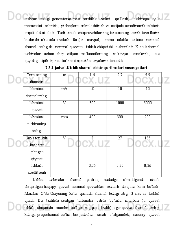 tashqari   tezligi   generatorga   past   qarshilik     yukni     qo llash,     turbinaga     yukʻ
momentini   oshirish,   pichoqlarni sekinlashtirish va natijada aerodinamik to xtash	
ʻ
orqali   oldini   oladi.   Turli   ishlab   chiqaruvchilarning   turbinaning   texnik   tavsiflarini
bildirishi   o rtasida   sezilarli     farqlar     mavjud,     ammo     odatda     turbina     nominal	
ʻ
shamol  tezligida  nominal quvvatni   ishlab chiqarishi  tushuniladi. Kichik shamol
turbinalari   uchun   chop   etilgan   ma lumotlarning     so roviga     asoslanib,     biz	
ʼ ʻ
quyidagi  tipik  tijorat  turbinasi spetsifikatsiyalarini tanladik:
2.3.1-jadval.Kichik shamol elektr qurilmalari xususiyatlari 
Turbinaning
diametri m 1.6 2.7 5.5
Nominal
shamoltezligi m/s 10 10 10
Nominal
quvvat V 300 1000 5000
Nominal
turbinaning
tezligi rpm 400 300 200
3m/s tezlikda
bashorat
qilingan
qiymat V 8 27 135
Ishlash
koeffitsenti 0,25 0,30 0,36
Ushbu     turbinalar     shamol     pastroq     hududga     o rnatilganda     ishlab	
ʻ
chiqarilgan haqiqiy  quvvat  nominal  quvvatdan  sezilarli  darajada  kam  bo ladi.	
ʻ
Masalan  O rta Osiyoning  katta  qismida  shamol  tezligi  atigi  3  m/s  ni  tashkil	
ʻ
qiladi.     Bu     tezlikda   kesilgan     turbinalar     ostida     bo lishi     mumkin     (u     quvvat	
ʻ
ishlab   chiqarishi    mumkin  bo lgan  eng  past    tezlik), agar   quvvat  shamol     tezligi	
ʻ
kubiga   proportsional   bo lsa,   biz   jadvalda     sanab     o tilganidek,     nazariy     quvvat	
ʻ ʻ
61 