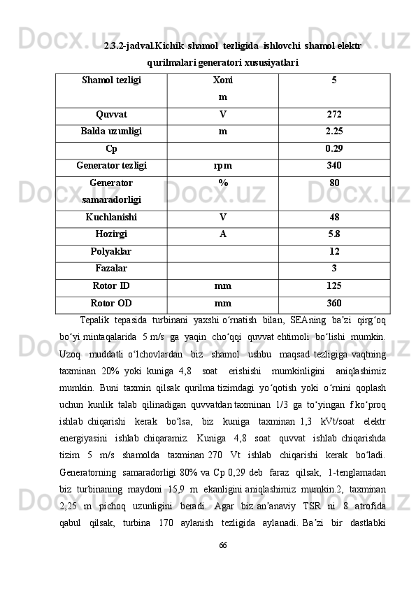 2.3.2-jadval.Kichik  shamol  tezligida  ishlovchi  shamol elektr
qurilmalari generatori xususiyatlari
Shamol tezligi Xoni
m 5
Quvvat V 272
Balda uzunligi m 2.25
Cp 0.29
Generator tezligi rpm 340
Generator
samaradorligi % 80
Kuchlanishi V 48
Hozirgi A 5.8
Polyaklar 12
Fazalar 3
Rotor ID mm 125
Rotor OD mm 360
Tepalik  tepasida  turbinani  yaxshi o rnatish  bilan,  SEAning  ba zi  qirg oqʻ ʼ ʻ
bo yi mintaqalarida  5 m/s  ga  yaqin  cho qqi  quvvat ehtimoli  bo lishi  mumkin.	
ʻ ʻ ʻ
Uzoq     muddatli   o lchovlardan     biz     shamol     ushbu     maqsad   tezligiga   vaqtning	
ʻ
taxminan   20%   yoki   kuniga   4,8     soat     erishishi     mumkinligini     aniqlashimiz
mumkin.  Buni  taxmin  qilsak  qurilma tizimdagi  yo qotish  yoki  o rnini  qoplash	
ʻ ʻ
uchun  kunlik  talab  qilinadigan  quvvatdan taxminan  1/3  ga  to yingan  f ko proq	
ʻ ʻ
ishlab   chiqarishi     kerak     bo lsa,     biz     kuniga     taxminan   1,3     kVt/soat     elektr	
ʻ
energiyasini     ishlab   chiqaramiz.     Kuniga     4,8     soat     quvvat     ishlab   chiqarishda
tizim     5     m/s     shamolda     taxminan   270     Vt     ishlab     chiqarishi     kerak     bo ladi.	
ʻ
Generatorning   samaradorligi 80% va Cp 0,29 deb   faraz   qilsak,   1-tenglamadan
biz  turbinaning  maydoni  15,9  m  ekanligini aniqlashimiz  mumkin.2,  taxminan
2,25     m     pichoq     uzunligini     beradi.     Agar     biz   an anaviy     TSR     ni     8     atrofida	
ʼ
qabul     qilsak,     turbina     170     aylanish     tezligida     aylanadi.   Ba zi     bir     dastlabki	
ʼ
66 