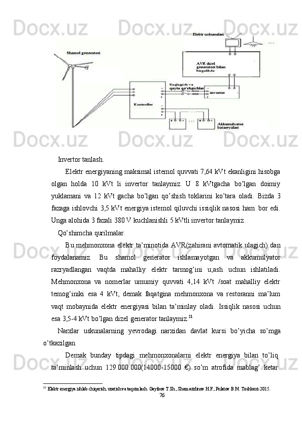 Invertor   tanlash.
Elektr energiyaning maksimal istemol quvvati 7,64 kVt ekanligini hisobga
olgan   holda   10   kVt   li   invertor   tanlaymiz.   U   8   kVtgacha   bo’lgan   doimiy
yuklamani   va   12   kVt   gacha   bo’lgan   qo’shish   toklarini   ko’tara   oladi.   Bizda   3
fazaga ishlovchi   3,5 kVt energiya istemol   qiluvchi   issiqlik   nasosi   ham   bor edi.
Unga   alohida   3 fazali 380 V kuchlanishli 5 kVtli invertor   tanlaymiz.
Qo’shimcha   qurilmalar.
Bu mehmonxona elektr ta’minotida   AVR(zahirani avtomatik ulagich) dan
foydalanamiz.   Bu   shamol   generator   ishlamayotgan   va   akkumulyator
razryadlangan   vaqtda   mahalliy   elektr   tarmog’ini   u;ash   uchun   ishlatiladi.
Mehmonxona   va   nomerlar   umumiy   quvvati   4,14   kVt   /soat   mahalliy   elektr
temog’iniki   esa   4   kVt,   demak   faqatgina   mehmonxona   va   restoranni   ma’lum
vaqt   mobaynida   elektr   energiyasi   bilan   ta’minlay   oladi.   Issiqlik   nasosi   uchun
esa   3,5-4 kVt   bo’lgan dizel   generator tanlaymiz. 21
Narxlar   uskunalarning   yevrodagi   narxidan   davlat   kursi   bo’yicha   so’mga
o’tkazilgan .
Demak   bunday   tipdagi   mehmonxonalarni   elektr   energiya   bilan   to’liq
ta’minlash   uchun   129.000.000(14000-15000   €)   so’m   atrofida   mablag’   ketar
21
  Elektr energiya ishlab chiqarish, uzatish va taqsimlash. Gayibov T.Sh., Shamsutdinov H.F., Pulatov B.M. Toshkent-2015. 
76 