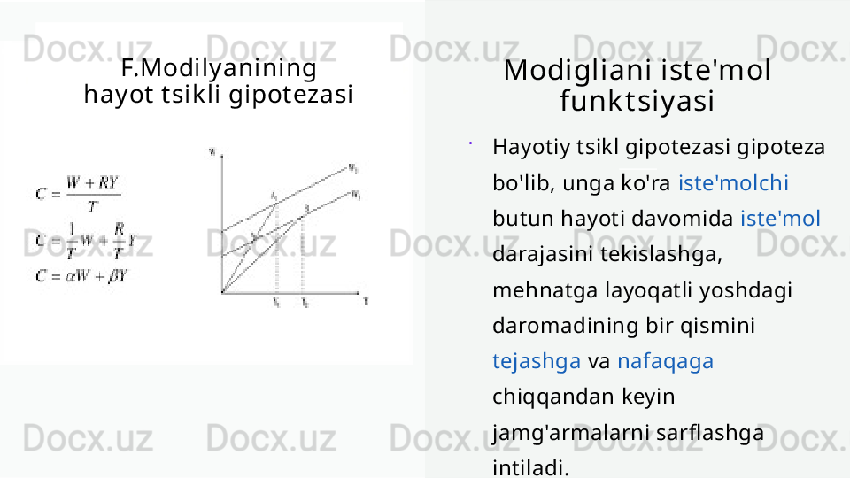 Modigliani ist e'mol 
funk t siy asi

Hayotiy tsikl gipotezasi gipoteza 
bo'lib, unga ko'ra  iste'molchi  
butun hayoti davomida  iste'mol  
darajasini tekislashga, 
mehnatga layoqatli yoshdagi 
daromadining bir qismini 
tejashga  va  nafaqaga  
chiqqandan keyin 
jamg'armalarni sarflashga 
intiladi.F.Modily anining 
hay ot  t sik li gipot ezasi 