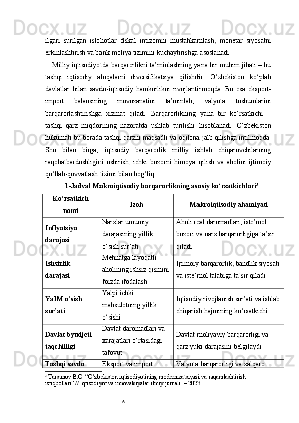 6ilgari   surilgan   islohotlar   fiskal   intizomni   mustahkamlash,   monetar   siyosatni
erkinlashtirish va bank-moliya tizimini kuchaytirishga asoslanadi.
Milliy iqtisodiyotda barqarorlikni ta’minlashning yana bir muhim jihati – bu
tashqi   iqtisodiy   aloqalarni   diversifikatsiya   qilishdir.   O‘zbekiston   ko‘plab
davlatlar   bilan   savdo-iqtisodiy   hamkorlikni   rivojlantirmoqda.   Bu   esa   eksport-
import   balansining   muvozanatini   ta’minlab,   valyuta   tushumlarini
barqarorlashtirishga   xizmat   qiladi.   Barqarorlikning   yana   bir   ko‘rsatkichi   –
tashqi   qarz   miqdorining   nazoratda   ushlab   turilishi   hisoblanadi.   O‘zbekiston
hukumati bu borada tashqi qarzni maqsadli va oqilona jalb qilishga intilmoqda.
Shu   bilan   birga,   iqtisodiy   barqarorlik   milliy   ishlab   chiqaruvchilarning
raqobatbardoshligini   oshirish,   ichki   bozorni   himoya   qilish   va   aholini   ijtimoiy
qo‘llab-quvvatlash tizimi bilan bog‘liq.
1-Jadval  Makroiqtisodiy barqarorlikning asosiy ko‘rsatkichlari 3
Ko‘rsatkich
nomi Izoh Makroiqtisodiy ahamiyati
Inflyatsiya 
darajasi Narxlar umumiy 
darajasining yillik 
o‘sish sur’ati Aholi real daromadlari, iste’mol 
bozori va narx barqarorligiga ta’sir 
qiladi
Ishsizlik 
darajasi Mehnatga layoqatli 
aholining ishsiz qismini
foizda ifodalash Ijtimoiy barqarorlik, bandlik siyosati
va iste’mol talabiga ta’sir qiladi
YaIM o‘sish 
sur’ati Yalpi ichki 
mahsulotning yillik 
o‘sishi Iqtisodiy rivojlanish sur’ati va ishlab
chiqarish hajmining ko‘rsatkichi
Davlat byudjeti 
taqchilligi Davlat daromadlari va 
xarajatlari o‘rtasidagi 
tafovut Davlat moliyaviy barqarorligi va 
qarz yuki darajasini belgilaydi
Tashqi savdo  Eksport va import  Valyuta barqarorligi va xalqaro 
3
  Tursunov B.O. “O‘zbekiston iqtisodiyotining modernizatsiyasi va raqamlashtirish 
istiqbollari” // Iqtisodiyot va innovatsiyalar ilmiy jurnali. – 2023. 
