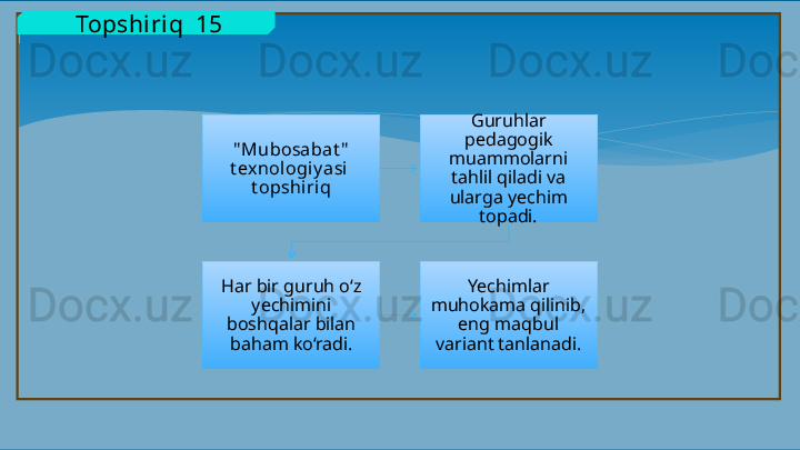   Topshiriq  15
" Mubosabat "  
t ex nologi y asi  
t opshiriq Guruhlar 
pedagogik 
muammolarni 
tahlil qiladi va 
ularga yechim 
topadi.
Har bir guruh o‘z 
yechimini 
boshqalar bilan 
baham ko‘radi. Yechimlar 
muhokama qilinib, 
eng maqbul 
variant tanlanadi.   