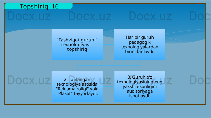   Topshiriq  16
" Tashv iqot  guruhi"  
t exnologiy asi   
t opshiriq Har bir guruh 
pedagogik 
texnologiyalardan 
birini tanlaydi.
2. Tanlangan 
texnologiya asosida 
"Reklama roligi" yoki 
"Plakat" tayyorlaydi. 3. Guruh o‘z 
texnologiyasining eng 
yaxshi ekanligini 
auditoriyaga 
isbotlaydi.   