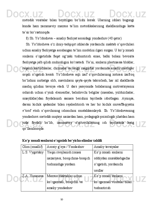 10metodik   vositalar   bilan   boyitilgan   bo‘lishi   kerak.   Ularning   ishlari   bugungi
kunda   ham   zamonaviy   maxsus   ta’lim   metodikalarining   shakllanishiga   katta
ta’sir ko‘rsatmoqda.
8) Sh. Yo‘ldosheva – amaliy faoliyat asosidagi yondashuv (40 qator)
Sh. Yo‘ldosheva o‘z ilmiy-tadqiqot ishlarida yordamchi maktab o‘quvchilari
uchun amaliy faoliyatga asoslangan ta’lim modelini ilgari surgan. U ko‘p xonali
sonlarni   o‘rgatishda   faqat   og‘zaki   tushuntirish   emas,   balki   bolani   bevosita
faoliyatga jalb qilish muhimligini ko‘rsatadi. Ya’ni, sonlarni plastmassa bloklar,
raqamli kartochkalar, chizmalar va rangli magnitlar yordamida amaliy mashqlar
orqali   o‘rgatish   kerak.   Yo‘ldosheva   aqli   zaif   o‘quvchilarning   xotirasi   zaifroq
bo‘lishini   inobatga   olib,   mavzularni   qayta-qayta   takrorlash,   har   xil   shakllarda
mashq   qilishni   tavsiya   etadi.   U   dars   jarayonida   bolalarning   motivatsiyasini
oshirish   uchun   o‘yinli   elementlar,   baholovchi   belgilar   (masalan,   yulduzchalar,
smayliklar)dan   foydalanish   samara   berishini   tajribada   isbotlagan.   Ayniqsa,
darsni   kichik   qadamlar   bilan   rejalashtirish   va   har   bir   kichik   muvaffaqiyatni
e’tirof   etish   o‘quvchining   ishonchini   mustahkamlaydi.   Sh.   Yo‘ldoshevaning
yondashuvi metodik nuqtayi nazardan ham, pedagogik-psixologik jihatdan ham
juda   foydali   bo‘lib,   zamonaviy   o‘qituvchilarning   ish   tajribasida   keng
qo‘llanilmoqda.
Ko‘p xonali sonlarni o‘rgatish bo‘yicha olimlar tahlili
Olim (muallif) Asosiy g‘oya / Yondashuv Amaliy tavsiyalar
L.S. Vygotskiy Yaqin rivojlanish zonasi 
nazariyasi; bosqichma-bosqich 
tushunishga yordam Ko‘p xonali sonlarni 
oddiydan murakkabgacha 
o‘rgatish; yordamchi 
usullar
Z.A. Xusanova Maxsus maktablar uchun 
ko‘rgazmali, bosqichli va 
amaliy yondashuv Ko‘p xonali sonlarni 
ko‘rgazmali vositalar bilan
tushuntirish 
