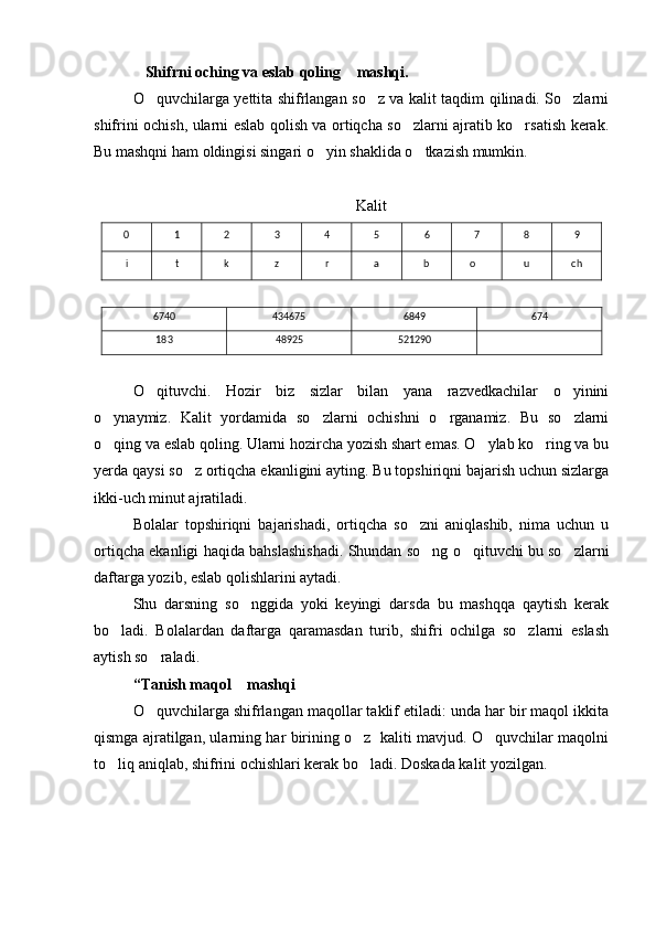 Shifrni oching va eslab qoling  mashqi. 
O quvchilarga yettita shifrlangan so z va kalit taqdim qilinadi. So zlarni	
  
shifrini ochish, ularni eslab qolish va ortiqcha so zlarni ajratib ko rsatish kerak.	
 
Bu mashqni ham oldingisi singari o yin shaklida o tkazish mumkin.	
 
Kalit
0 1 2 3 4 5 6 7 8 9
i t k z r a b o	
 u ch
6740 434675 6849 6 7 4
18 3 48925 521290
O qituvchi.   Hozir   biz   sizlar   bilan   yana   razvedkachilar   o yinini	
 
o yn	
 a ymiz.   Kalit   yordamida   so zlarni   ochishni   o rganamiz.   Bu   so zlarni	  
o qing va eslab qoling. Ularni hozircha yozish shart emas. O ylab ko ring va bu	
  
yerda qaysi so z ortiqcha ekanligini ayting. Bu topshiriqni bajarish uchun sizlarga	

ikki-uch minut ajratiladi.
Bolalar   topshiriqni   bajarishadi,   ortiqcha   so zni   aniqlashib,   nima   uchun   u	

ortiqcha ekanligi haqida bahslashishadi. Shundan so ng o qituvchi bu so zlarni	
  
daftarga yozib, eslab qolishlarini aytadi. 
Shu   darsning   so nggida   yoki   keyingi   darsda   bu   mashqqa   qaytish   kerak	

bo ladi.   Bolalardan   daftarga   qaramasdan   turib,   shifri   ochilga   so zlarni   eslash	
 
aytish so raladi.	

“Tanish maqol  mashqi	

O quvchilarga shifrlangan maqollar taklif etiladi: unda har bir maqol ikkita	

qismga ajratilgan, ularning har birining o z   kaliti mavjud. O quvchilar maqolni	
 
to liq aniqlab, shifrini ochishlari kerak bo ladi. Doskada kalit yozilgan.	
  