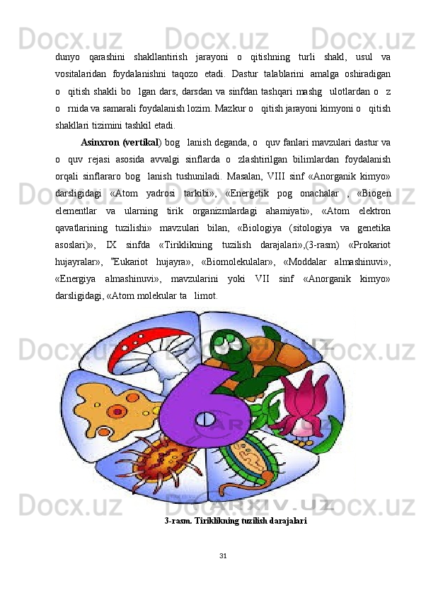dunyo   qarashini   shakllantirish   jarayoni   o qitishning   turli   shakl,   usul   va‘
vositalaridan   foydalanishni   taqozo   etadi.   Dastur   talablarini   amalga   oshiradigan
o qitish  shakli   bo lgan  dars,  darsdan  va sinfdan  tashqari   mashg ulotlardan  o z	
‘ ‘ ‘ ‘
o rnida va samarali foydalanish lozim. Mazkur o qitish jarayoni kimyoni o qitish
‘ ‘ ‘
shakllari tizimini tashkil etadi.
Asinxron (vertikal ) bog lanish deganda, o quv fanlari mavzulari dastur va	
‘ ‘
o quv   rejasi   asosida   avvalgi   sinflarda   o zlashtirilgan   bilimlardan   foydalanish	
‘ ‘
orqali   sinflararo   bog lanish   tushuniladi.   Masalan,   VIII   sinf   «Anorganik   kimyo»	
‘
darsligidagi   «Atom   yadrosi   tarkibi»,   «Energetik   pog onachalar ,   «Biogen	
‘ ”
elementlar   va   ularning   tirik   organizmlardagi   ahamiyati»,   «Atom   elektron
qavatlarining   tuzilishi»   mavzulari   bilan,   «Biologiya   (sitologiya   va   genetika
asoslari)»,   IX   sinfda   «Tiriklikning   tuzilish   darajalari»,(3-rasm)   «Prokariot
hujayralar»,   Eukariot   hujayra»,   «Biomolekulalar»,   «Moddalar   almashinuvi»,	
”
«Energiya   almashinuvi»,   mavzularini   yoki   VII   sinf   «Anorganik   kimyo»
darsligidagi, «Atom molekular ta limot. 	
’
3-rasm. Tiriklikning tuzilish darajalari
31 