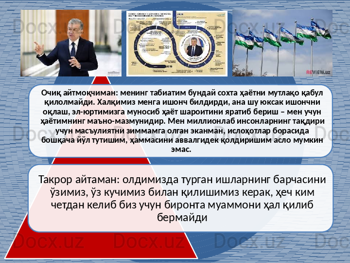 Очиқ айтмоқчиман: менинг табиатим бундай сохта ҳаётни мутлақо қабул 
қилолмайди. Халқимиз менга ишонч билдирди, ана шу юксак ишончни 
оқлаш, эл-юртимизга муносиб ҳаёт шароитини яратиб бериш – мен учун 
ҳаётимнинг маъно-мазмунидир.   Мен миллионлаб   инсонларнинг тақдири 
учун масъулиятни зиммамга олган эканман, ислоҳотлар борасида 
бошқача йўл тутишим, ҳаммасини аввалгидек қолдиришим асло мумкин 
эмас.  
Такрор айтаман: олдимизда турган ишларнинг барчасини 
ўзимиз, ўз кучимиз билан қилишимиз керак, ҳеч ким 
четдан келиб биз учун биронта муаммони ҳал қилиб 
бермайди   