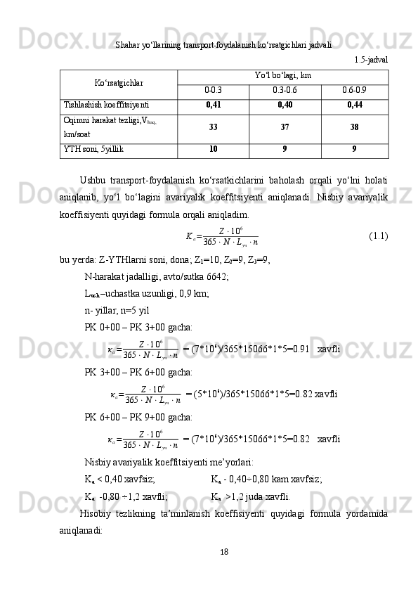 Shahar yo‘llarining transport-foydalanish ko‘rsatgichlari jadvali
                                                                                                              1.5-jadval
Ko‘rsatgichlar Yo‘l bo‘lagi, km
0-0.3 0.3-0.6 0.6-0.9
Tishlashish koeffitsiyenti 0,41 0,40 0,44
Oqimni   harakat   tezligi , V
haq ,  
km / soat 33 37 38
YTH soni, 5yillik 10 9 9
Ushbu   transport-foydalanish   ko‘rsatkichlarini   baholash   orqali   yo‘lni   holati
aniqlanib,   yo‘l   bo‘lagini   avariyalik   koeffitsiyenti   aniqlanadi.   Nisbiy   avariyalik
koeffisiyenti quyidagi formula orqali aniqladim.
K
a = Ζ ⋅ 1 0 6
365 ⋅ Ν ⋅ L
уч ⋅ n                                              (1.1)
bu yerda: Z-YTHlarni soni, dona; Z
1 =10, Z
2 =9, Z
3 =9, 
N-harakat jadalligi, avto/sutka 6642;
L
uch  –uchastka uzunligi, 0,9 km;
n- yillar, n=5 yil
PK 0+00 – PK 3+00 gacha:
κ
a = Ζ ⋅ 1 0 6
365 ⋅ Ν ⋅ L
уч ⋅ n    = (7*10 6
)/365*15066*1*5=0.91    xavfli
PK 3+00 – PK 6+00 gacha:
κ
a = Ζ ⋅ 1 0 6
365 ⋅ Ν ⋅ L
уч ⋅ n    = (5*10 6
)/365*15066*1*5=0.82  xavfli
PK 6+00 – PK 9+00 gacha:
κ
a = Ζ ⋅ 1 0 6
365 ⋅ Ν ⋅ L
уч ⋅ n    = (7*10 6
)/365*15066*1*5=0.82    xavfli
Nisbiy avariyalik koeffi t siyenti me’yorlari:
K
a  < 0,40 xavfsiz;    K
a  - 0,40÷0,80 kam xavfsiz;   
K
a   -0,80 ÷1,2 xavfli;                K
a   >1,2 juda xavfli.
Hisobiy   tezlikning   ta’minlanish   koeffisiyenti   quyidagi   formula   yordamida
aniqlanadi:
18 