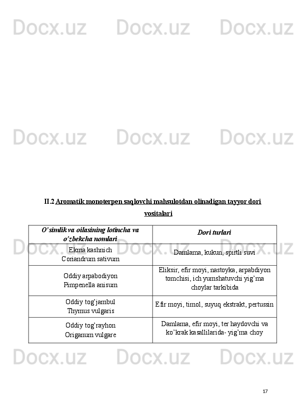 II.2 Aromatik monoterpen saqlovchi mahsulotdan olinadigan tayyor dori   
vositalari
O’simlik va oilasining lotincha va
o’zbekcha nomlari Dori turlari
Ekma kashnich
Coriandrum sativum Damlama, kukun, spirtli suvi
Oddiy arpabodiyon
Pimpenella anisum Eliksir, efir moyi, nastoyka, arpabdiyon
tomchisi, ich yumshatuvchi yig’ma
choylar tarkibida
Oddiy tog’jambul
Thymus vulgaris Efir moyi, timol, suyuq ekstrakt, pertussin
Oddiy tog’rayhon
Origanum vulgare Damlama, efir moyi, ter haydovchi va
ko’krak kasallilarida- yig’ma choy
17 