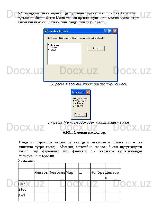 5.6  расмда   массивни   киритиш   дастурининг   кўриниши   келтрилган . Киритиш  
тугмасини   босиш   билан   Мемо   майдон   оркали   киритилган   массив   элементлари  
қийматни   намойиш   этувчи   ойна   пайдо   бўлади  (5.7  расм ). 
 
5.6 расм. Массивни киритиш дастури ойнаси 
 
5.7 расм. Мемо майдонидан киритилган массив 
 
6.Кўп ўлчовли массивлар. 
Кундалик   турмушда   жадвал   кўринишдаги   маълумотлар   билан   тез   –   тез
ишлашга   тўғри   келади.   Масалан,   автомобил   савдоси   билан   шугулланувчи
бирор   бир   фирманинг   иш   фаолияти   5.7   жадвалда   кўрсатилгандай
тасвирланиши мумкин. 
5.7 жадвал 
             
 
Январь Ф евраль Март  ...  Ноябрь Дек абр
ь
ВA 3 
2106             
ВA 3              