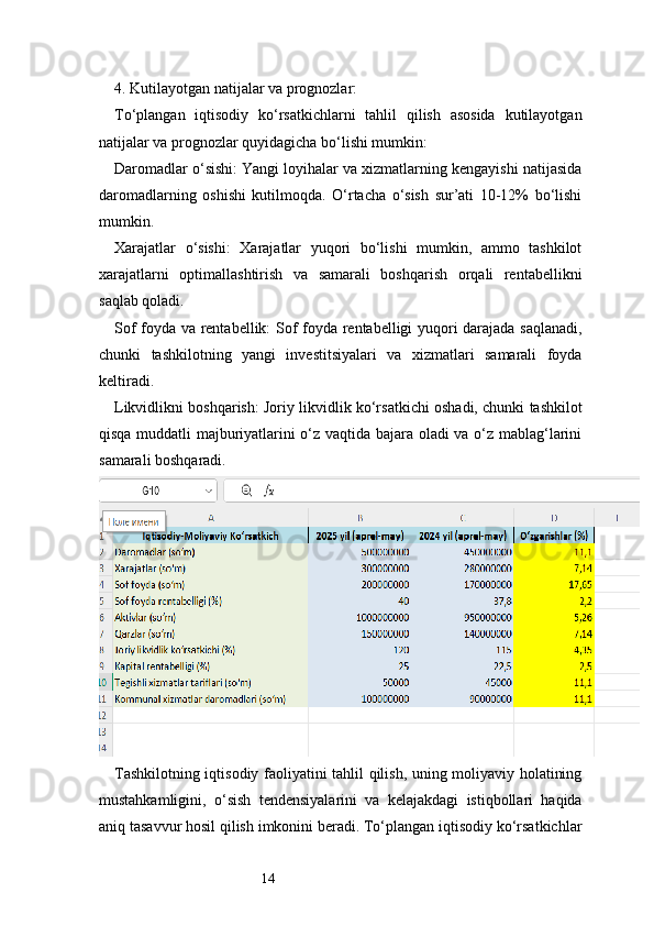144. Kutilayotgan natijalar va prognozlar:
To‘plangan   iqtisodiy   ko‘rsatkichlarni   tahlil   qilish   asosida   kutilayotgan
natijalar va prognozlar quyidagicha bo‘lishi mumkin:
Daromadlar o‘sishi: Yangi loyihalar va xizmatlarning kengayishi natijasida
daromadlarning   oshishi   kutilmoqda.   O‘rtacha   o‘sish   sur’ati   10-12%   bo‘lishi
mumkin.
Xarajatlar   o‘sishi:   Xarajatlar   yuqori   bo‘lishi   mumkin,   ammo   tashkilot
xarajatlarni   optimallashtirish   va   samarali   boshqarish   orqali   rentabellikni
saqlab qoladi.
Sof foyda va rentabellik: Sof foyda rentabelligi yuqori darajada saqlanadi,
chunki   tashkilotning   yangi   investitsiyalari   va   xizmatlari   samarali   foyda
keltiradi.
Likvidlikni boshqarish: Joriy likvidlik ko‘rsatkichi oshadi, chunki tashkilot
qisqa muddatli majburiyatlarini o‘z vaqtida bajara oladi va o‘z mablag‘larini
samarali boshqaradi.
Tashkilotning iqtisodiy faoliyatini tahlil qilish, uning moliyaviy holatining
mustahkamligini,   o‘sish   tendensiyalarini   va   kelajakdagi   istiqbollari   haqida
aniq tasavvur hosil qilish imkonini beradi. To‘plangan iqtisodiy ko‘rsatkichlar 