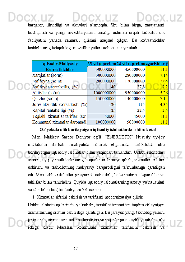 17barqaror,   likvidligi   va   aktivlari   o‘smoqda.   Shu   bilan   birga,   xarajatlarni
boshqarish   va   yangi   investitsiyalarni   amalga   oshirish   orqali   tashkilot   o‘z
faoliyatini   yanada   samarali   qilishni   maqsad   qilgan.   Bu   ko‘rsatkichlar
tashkilotning kelajakdagi muvaffaqiyatlari uchun asos yaratadi.
Ob’yektda olib borilayotgan iqtisodiy islohotlarda ishtirok etish
Men,   Malikov   Sardor   Doniyor   og‘li,   “ENERGETIK”   Hususiy   uy-joy
mulkdorlar   shirkati   amaliyotida   ishtirok   etganimda,   tashkilotda   olib
borilayotgan   iqtisodiy   islohotlar   bilan   yaqindan   tanishdim.   Ushbu   islohotlar,
asosan,   uy-joy   mulkdorlarining   huquqlarini   himoya   qilish,   xizmatlar   sifatini
oshirish,   va   tashkilotning   moliyaviy   barqarorligini   ta’minlashga   qaratilgan
edi. Men ushbu islohotlar jarayonida qatnashib, ba’zi  muhim  o‘zgarishlar va
takliflar   bilan  tanishdim.  Quyida  iqtisodiy   islohotlarning  asosiy   yo‘nalishlari
va ular bilan bog‘liq faoliyatni keltiraman.
1. Xizmatlar sifatini oshirish va tariflarni modernizatsiya qilish:
Ushbu islohotning birinchi yo‘nalishi, tashkilot tomonidan taqdim etilayotgan
xizmatlarning sifatini oshirishga qaratilgan. Bu jarayon yangi texnologiyalarni
joriy etish, xizmatlarni avtomatlashtirish va mijozlarga qulaylik yaratishni o‘z
ichiga   oladi.   Masalan,   kommunal   xizmatlar   tariflarini   oshirish   va 