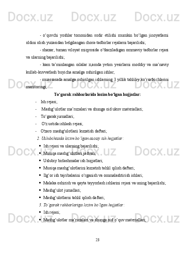 -   o‘quvchi   yoshlar   tomonidan   sodir   etilishi   mumkin   bo‘lgan   jinoyatlarni
oldini olish yuzasidan belgilangan chora-tadbirlar rejalarni bajarilishi;
- shaxar, tuman viloyat miqyosida o‘tkaziladigan ommaviy tadbirlar rejasi
va ularning bajarilishi;
-   kam   ta’minlangan   oilalar   x,amda   yetim   yesirlarni   moddiy   va   ma’naviy
kullab-kuvvatlash buyicha amalga oshirilgan ishlar;
- muassasada amalga oshirilgan ishlarning 3 yillik tahliliy ko‘rsatkichlarini
manitoringi;
To‘garak rahbarlarida lozim bo‘lgan hujjatlar:
- Ish rejasi;
-  Mashg‘ulotlar ma’ruzalari va shunga oid ukuv materiallari;
- To‘garak jurnallari;
-   O'z ustida ishlash rejasi;
- O'zaro mashg'ulotlarii kuzatish daftari;
2. Uslubchisida lozim bo‘lgan asosiy ish hujjatlar: 
 Ish rejasi va ularning bajarilishi; 
 Musiqa mashg‘ulotlari jadvali;
 Uslubiy birlashmalar ish hujjatlari; 
 Musiqa mashg‘ulotlarini kuzatish tahlil qilish daftari; 
 Ilg‘or ish tajribalarini o‘rganish va ommalashtirish ishlari; 
 Malaka oshirish va qayta tayyorlash ishlarini rejasi va uning bajarilishi; 
 Mashg‘ulot jurnallari; 
 Mashg‘ulotlarni tahlil qilish daftari;
3. To‘garak rahbarlariga lozim bo‘lgan hujjatlar: 
 Ish rejasi; 
 Mashg‘ulotlar ma’ruzalari va shunga oid o‘quv materiallari; 
23 