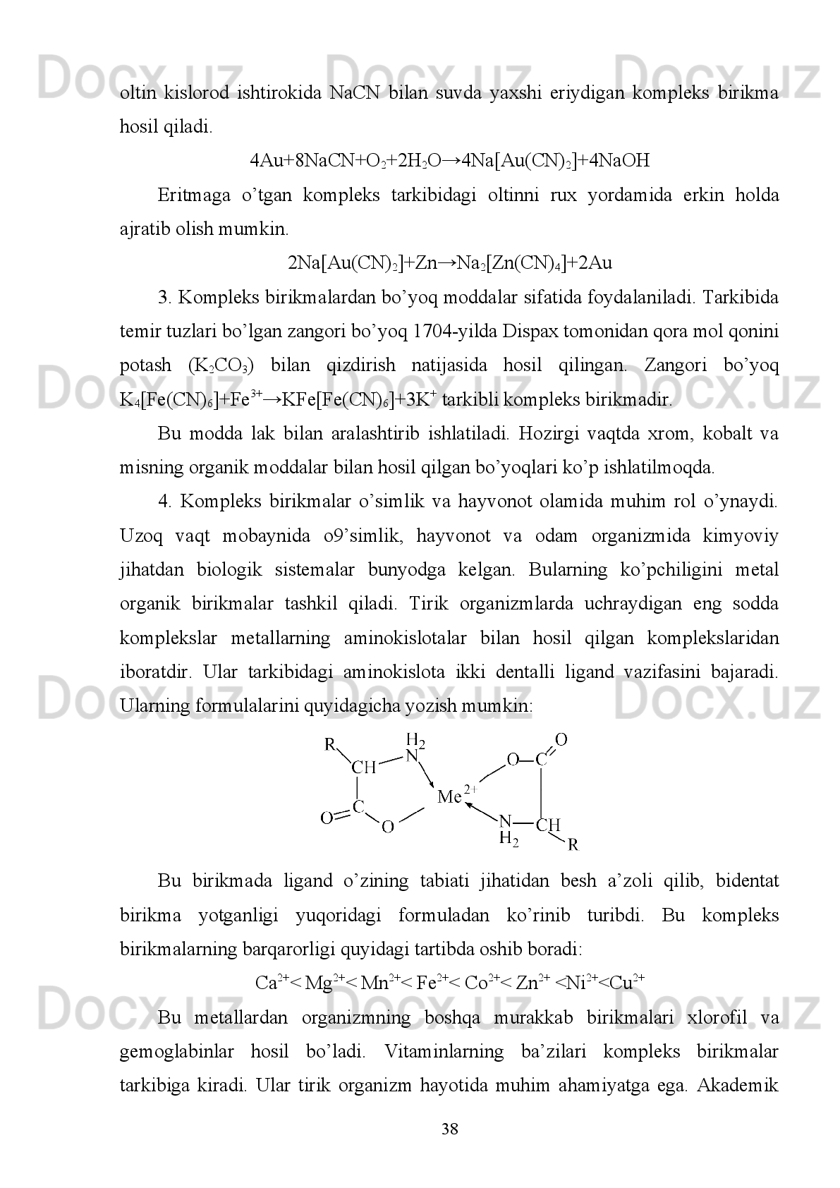 birikma   noxelak   koordinatsion   birikmaga   qaraganda   deyarlik   10 10
  marta
barqarordir. 
5.   I.   I.   Chernyayevning   trans-ta’sir   qoidasi.   1926   yilda   I.   I.   Chernyayev   2
valentli   platinaning   tekis   kvadratli   birikmalari   izomerlarini   tekshirish   natijasida
koordinasion birikmalar kimyosi uchun juda muhim qoidani ta’rifladi:
Koordinasion   birikmalarda   biror   ligand   bilan   markaziy   ion   orasidagi
bog’lanishning nisbiy mustahkamligi o’sha ligandga nisbatan trans-holatda turgan
boshqa ligand tabiatiga bog’liq. 
Markaziy   atom   bilan   ligand   orasidagi   bog’ning   kovalentlik   tabiatini
kuchaytiradigan   ligand   o’zining   qarshisi(trans-holat)dagi   ligand   bilan   bog’langan
atom   bog’ining   ionli   darajasini   kuchaytiradi   va   uning   boshqa   ligandlarga
almashinishini   osonlashtiradi   (faqat   oktaedr   va   tekis   kvadrat   geometriyali
koordinasion   birikmalarda).   Eritmalarda   almashinish   hodisasi   yuz   berishi   uchun
bog’   tabiati   ionli   bo’lishi   kerak.   Masalan,   NO
2   gruppa   xlor   ioniga   nisbatan
kuchliroq trans- ta’sir ko’rsatish sababli xlor ionining reaksion faolligi ortadi:
Bunday jarayon tezligi sis-izomerlarda juda sust boradi.
Koordinasion   birikmalarda   bog’lanish   xarakteri   (kovalentlik   yoki   ionli
darajasi) markaziy atom xossasiga ham bog’liq. 
I.   I.   Chernyayev   o’z   tajribalarida   turli   ligandlarning   Pt(II)   ioni   uchun   trans-
ta’sir qatorini tuzib chiqdi: 
R
2 S >NO
2 -
, I -
 >Br -
 >Cl - 
>F - 
>OH -
     RNH
2  >NH
3  >H
2 O
Platina (IV) uchun esa, bu qator birmuncha farq qiladi: 
I -
 >Br -
 >Cl -  
>OH -
>En >NH
3 , NO
2 -
Trans-   ta’sir   qonuniyati   VIII   guruh   elementlaridan   Pt(II),   Pt(IV),   Ir(III)),
Rh(III),   Co(III),   Pd(II),   Cu(II)   lar   uchun   bajarilishi   aniqlangan.   Bu   qonuniyat
kimyoviy bog’lanishi kovalent xususiyatga ega bo’lgan koordinasion birikmalarga
32