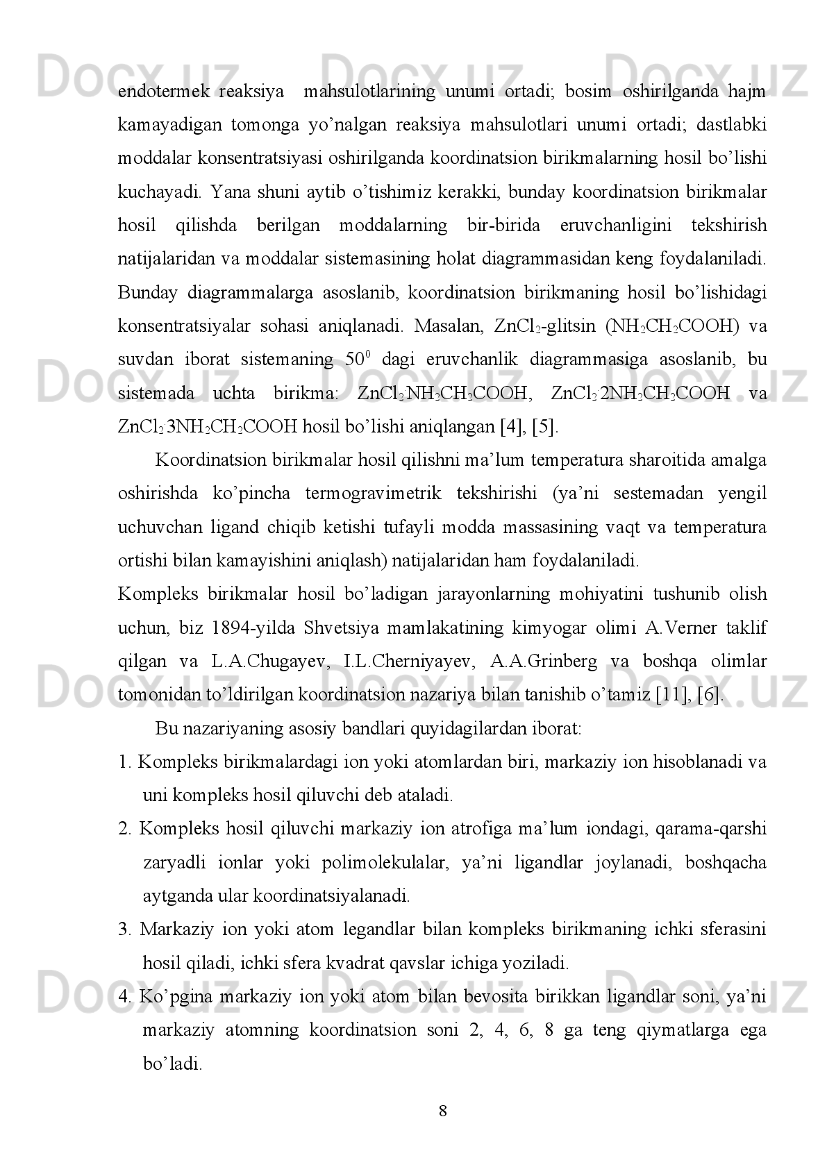 FOYDALANILGAN ADABIYOTLAR 
1.   Ўзбекистон   Республикаси   Президентининг   “ Ўзбекистон   Республикасини
янада   ривожлантириш   бўйича   Ҳаракатлар   стратегияси   тўғрисида ” ги
Фармонига   ШАРҲ .
2. 2018 – strategiya. gov. uz.
3. Ахметов Н.С. Общая и неорганическая химия  М.: “Высшая школа”, 1987.
4. Угай Я.А. Общая химия М.: “Высшая школа”, 1984. -131-142  c .
5. Угай Я.А. Общая химия М.: “Высшая школа”, 1989. -121-130  c .
6. Хьюн Дж. Неорганическая химия  М.: “Мир”, 1987. -98-101  c .
7. Глинка Н.Л. Общая химия Л. “Химия”, 1982. -67-81  c .
8. Ковинтон Ф.Н. Основы неорганической химии М.: “Мир”, 1981. -43-46  c .
9.   Крестов   Г.А.   Основный   понятия   современной   химии   Л.   “Химия”,   1982.   -
48-52  c .
10. Павлов Н.Н. Общая химия М.: “Высшая школа”, 1987. -86-90  c .
11.   Кукушкин   Ю.Н.   Химия   координационных   соединений   М.:   “Высшая
школа”, 1985. -105-112  c .
12.   Гли ки на   Ф.В.   и   Ключников   Н.Г.   Химия   комплексных   соединений     М.:
“Просвешение”, 1982. -122-134  c .
13. Рахимов Х .Р. Анорганик химия  Тошкент  “ Ўқитувчи ”,  1984.  -76-78 б.
14. Ю. Т. Тошпўлатов, Ш.С. Исоқов  Анорганик химия  Тошкент “Ўқитувчи”,
1992.  -66-73 б.
15.   Қ.Х.   Ахмеров,   А.Жалилов,   А.   Исмоилов   Умумий   ва   анорганик   химия
Тошкент “Ўқитувчи”, 1988.  -56-67 б.
16.  Э.Т. Оганесян, А.З. Кнежник Неорганическая химия М.: “Высшая школа”,
1989. -112-124  c .
17.   Ф.Г.   Фелдмонд,   Г.Е.   Рудзитес   Умумий   химия   асослари   Тошкент
“Ўқитувчи”, 1991.  -48-56 б.
18. Шахидоятов Х.М. Хиназолоны-4 и их биологическая активность Ташкент
“ ФАН ”, 19 88 .  -54-55  c .
58
